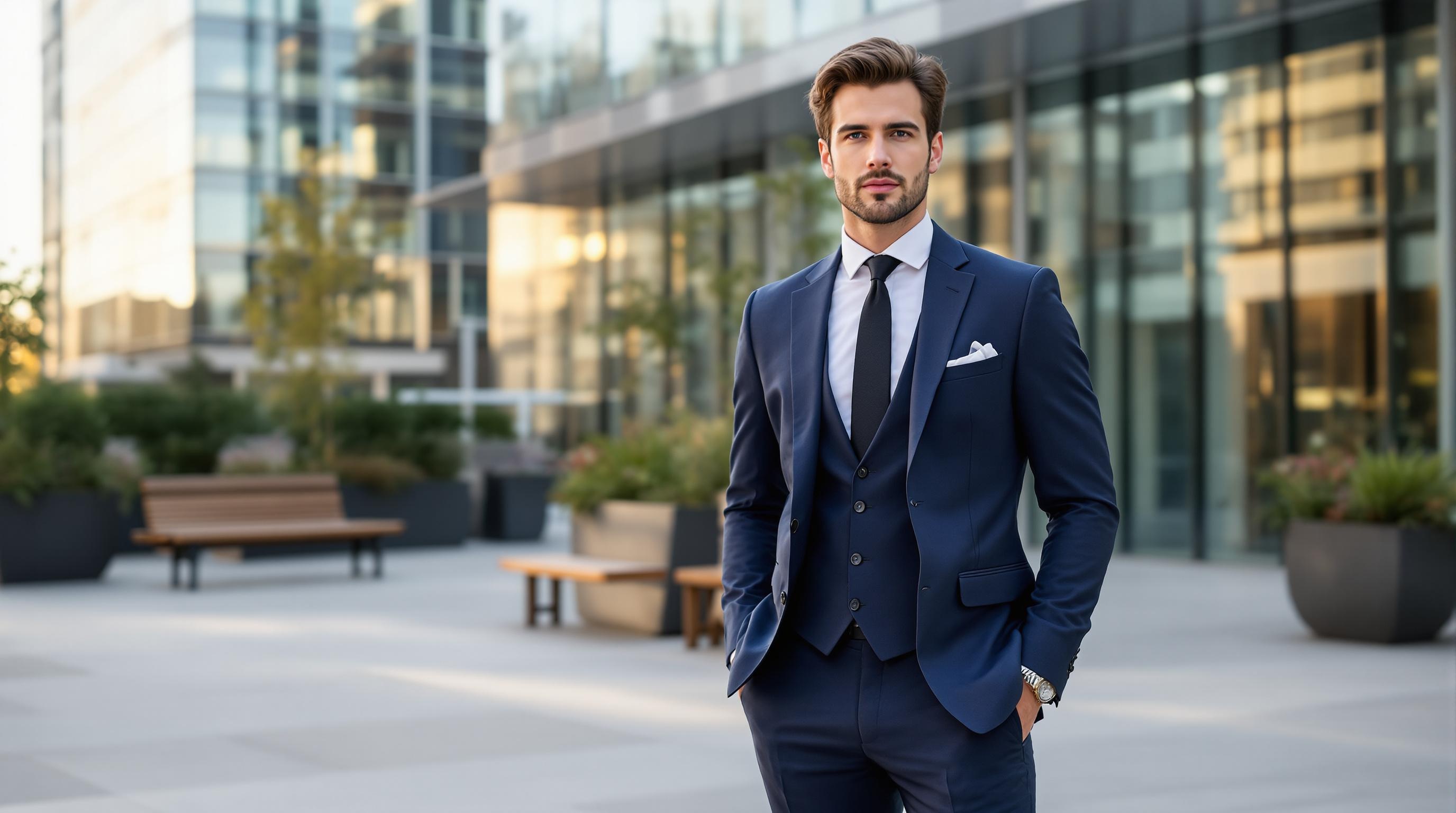 Homme portant un costume bleu marine élégant, debout dans une cour urbaine moderne devant un immeuble vitré, avec des bancs et des plantes autour.