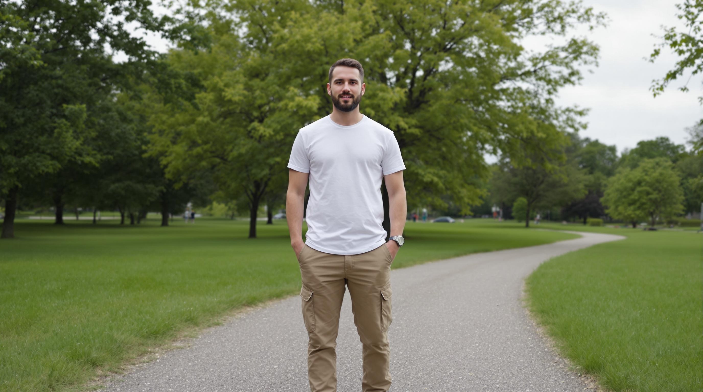 Un homme debout sur un chemin dans un parc, entouré d’arbres et de pelouse verte.
