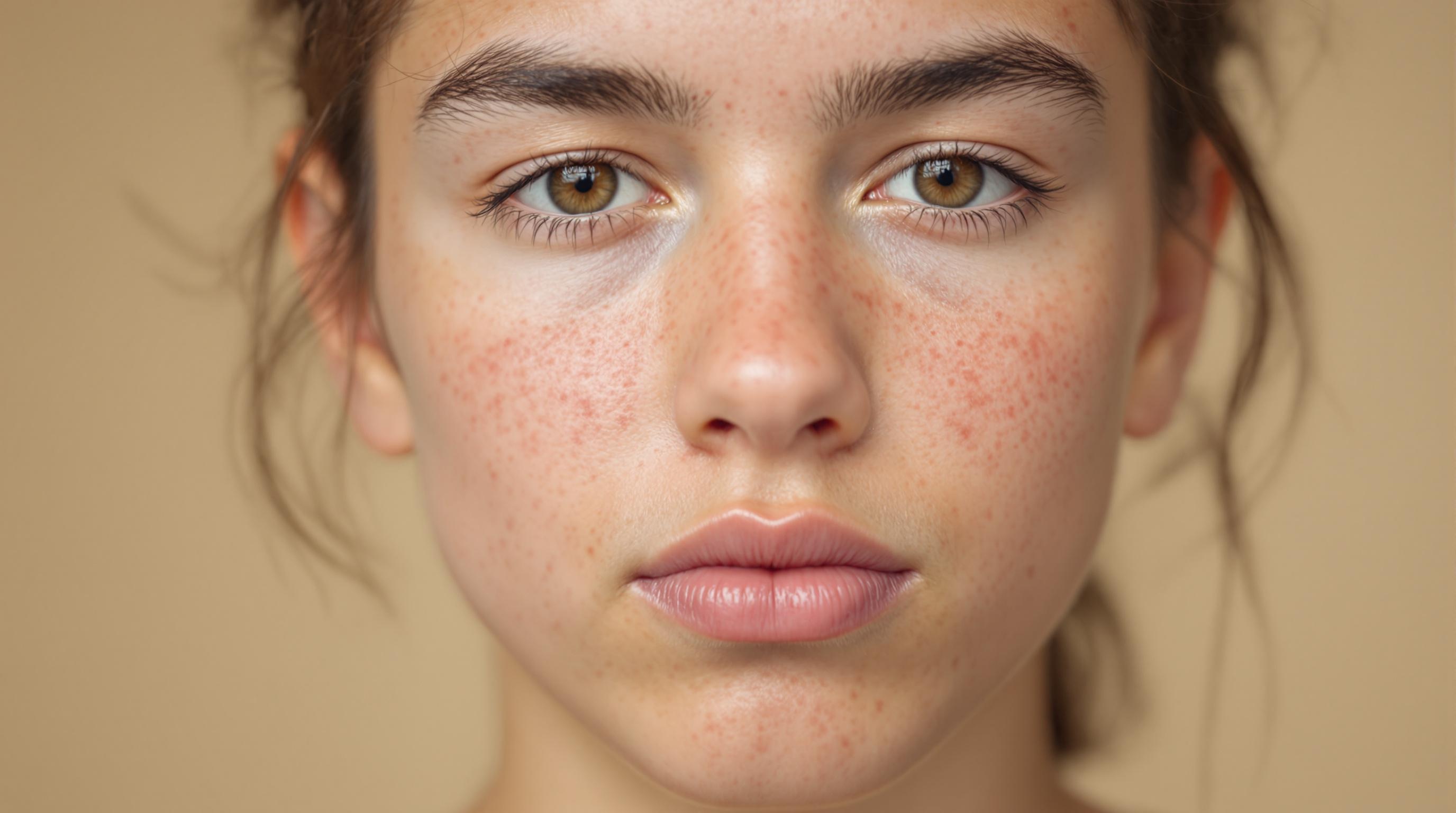 Gros plan du visage d'une jeune personne aux yeux marron, à la peau claire avec des taches de rousseur.
