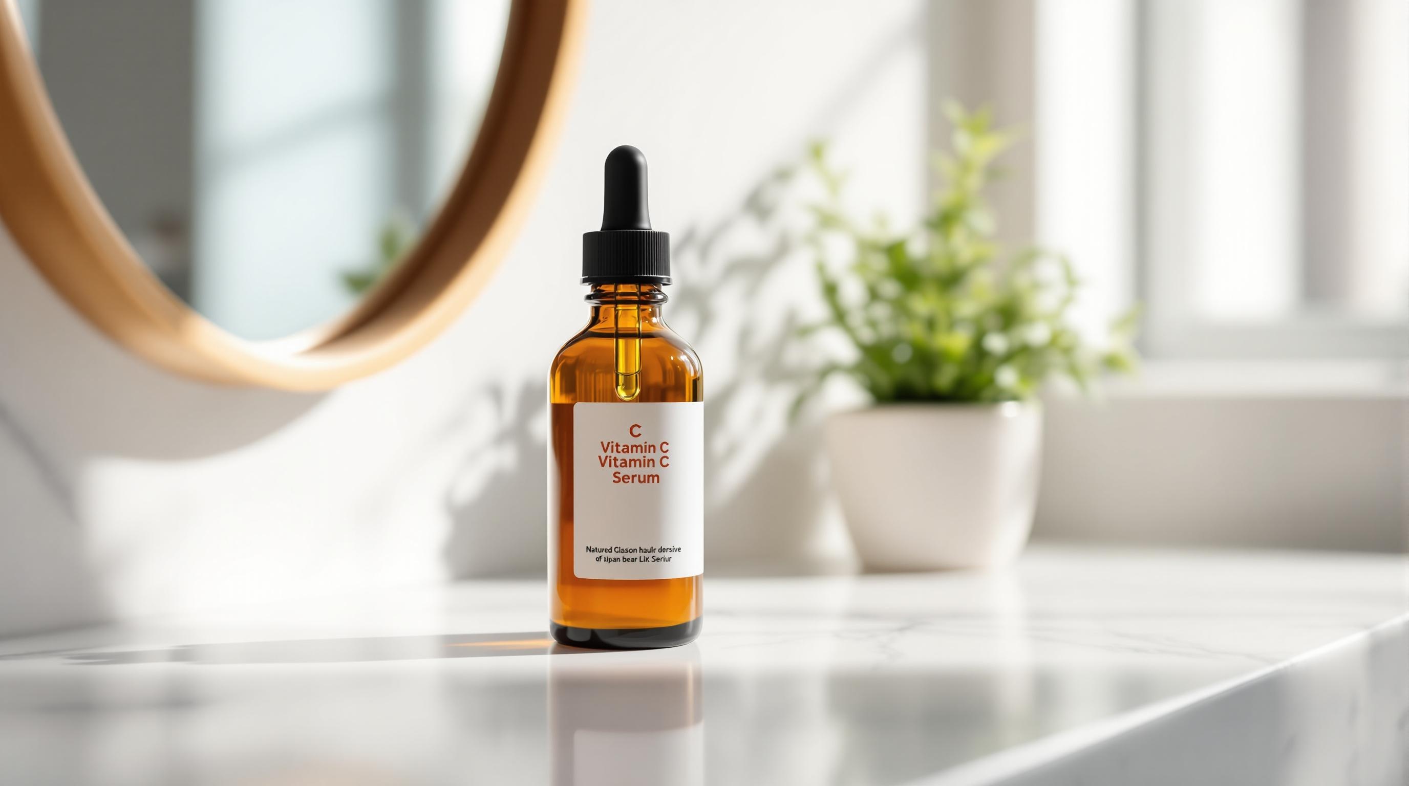Flacon de sérum à la vitamine C ambré avec pipette, posé sur un comptoir de salle de bain en marbre, avec un miroir rond et une plante verte floue en arrière-plan.