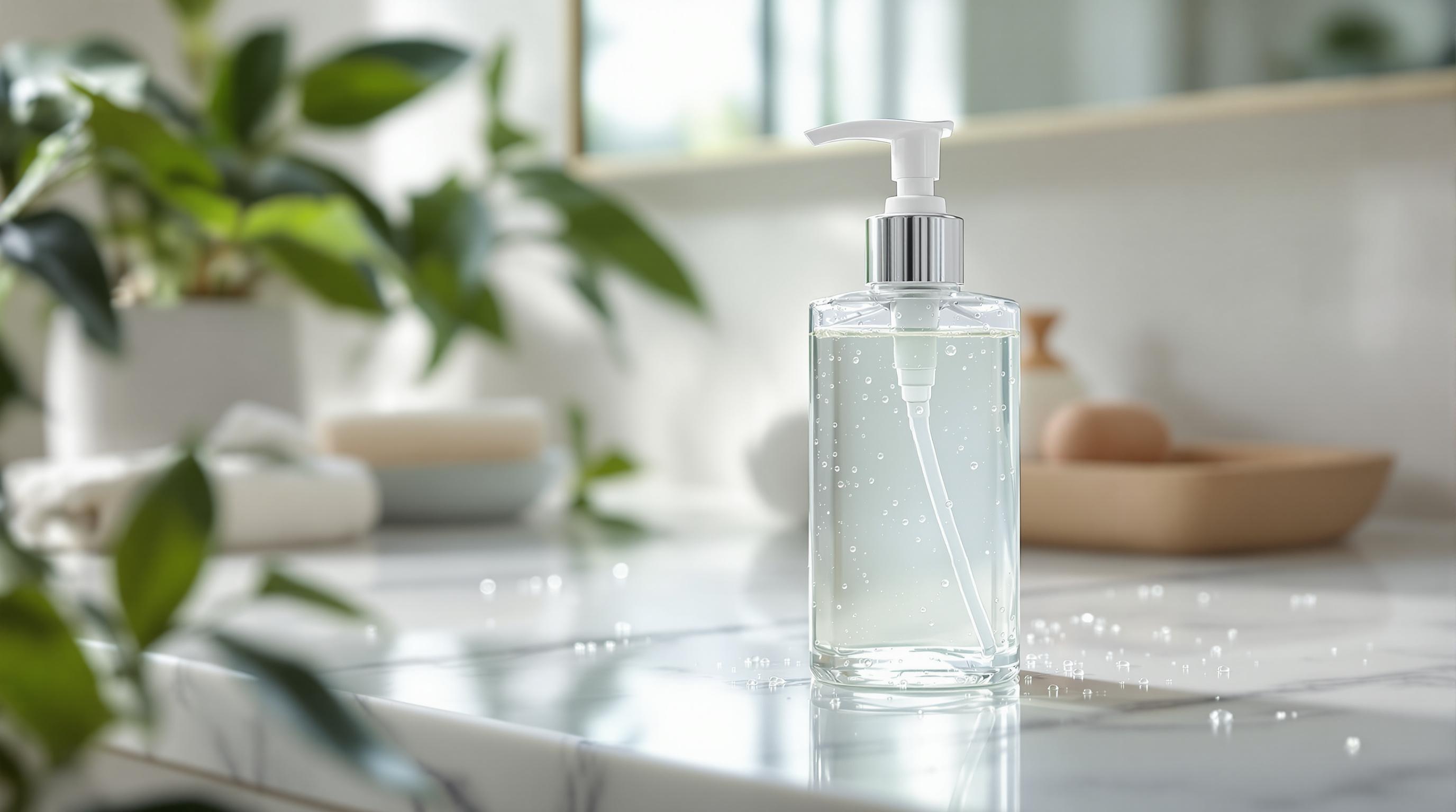 Flacon de savon liquide transparent sur un lavabo en marbre, avec des plantes et accessoires de salle de bain en arrière-plan flou.