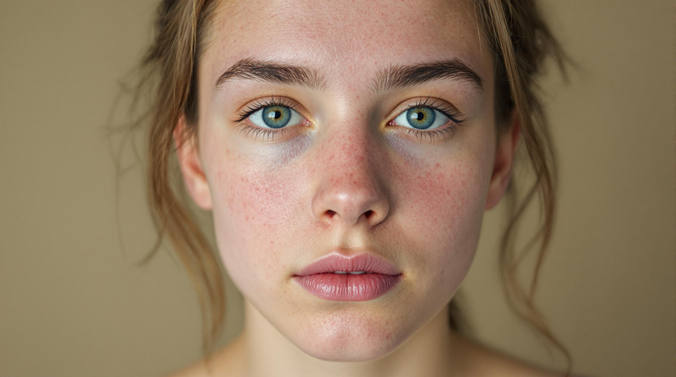 Portrait rapproché d'une jeune femme au teint clair, aux yeux bleus et aux cheveux châtains, avec des taches de rousseur sur le visage et un fond neutre.