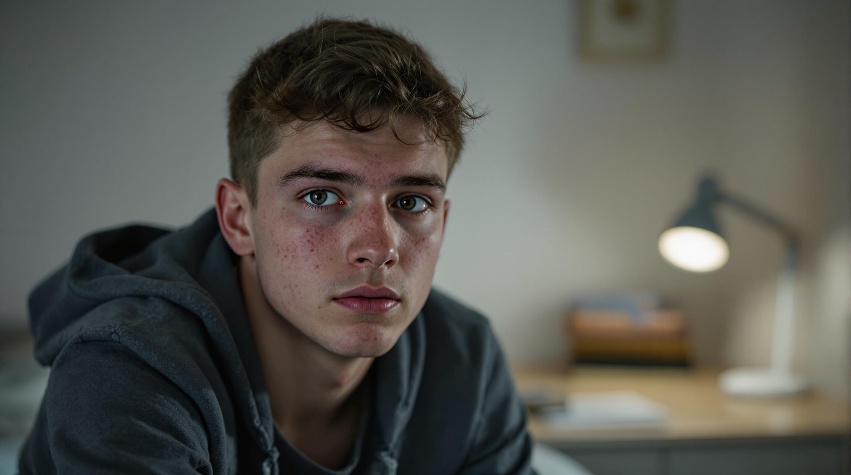 Un adolescente sentado mira fijamente a la cámara, con una sudadera gris con capucha y acné en la cara, en un dormitorio poco iluminado con una lámpara de escritorio encendida al fondo.