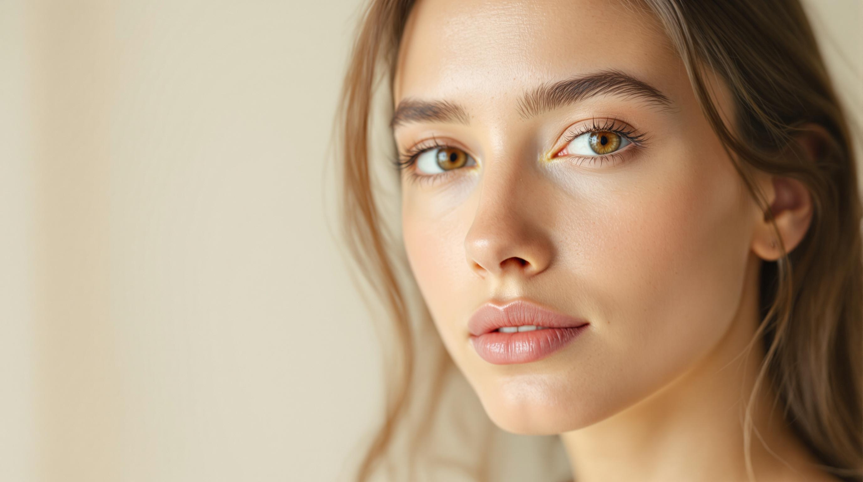 Portrait rapproché d'une femme au maquillage naturel, regardant vers la caméra, avec un arrière-plan neutre.
