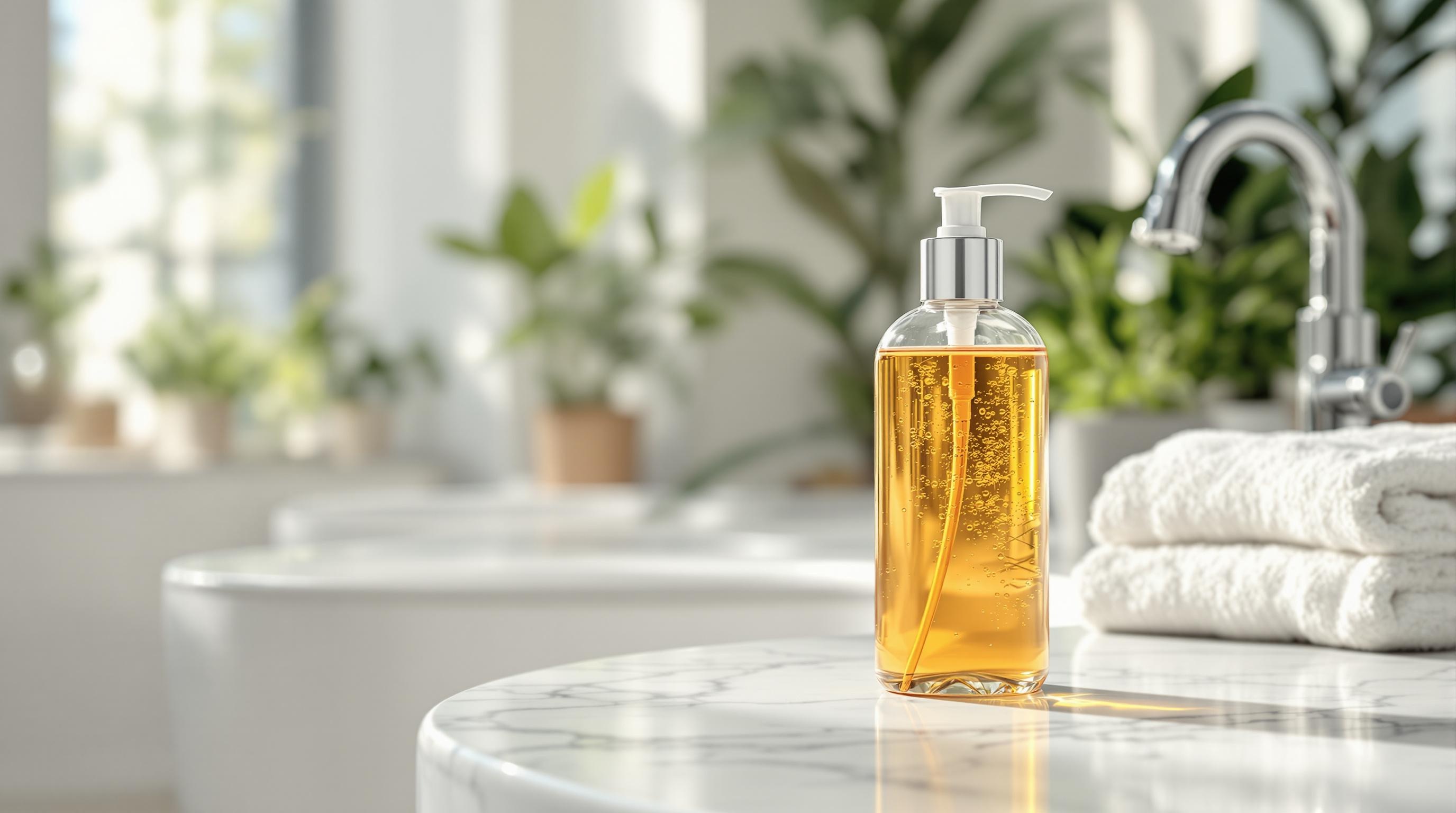 Flacon de savon liquide avec pompe posé sur un comptoir en marbre dans une salle de bain lumineuse, entouré de serviettes blanches et de plantes vertes.