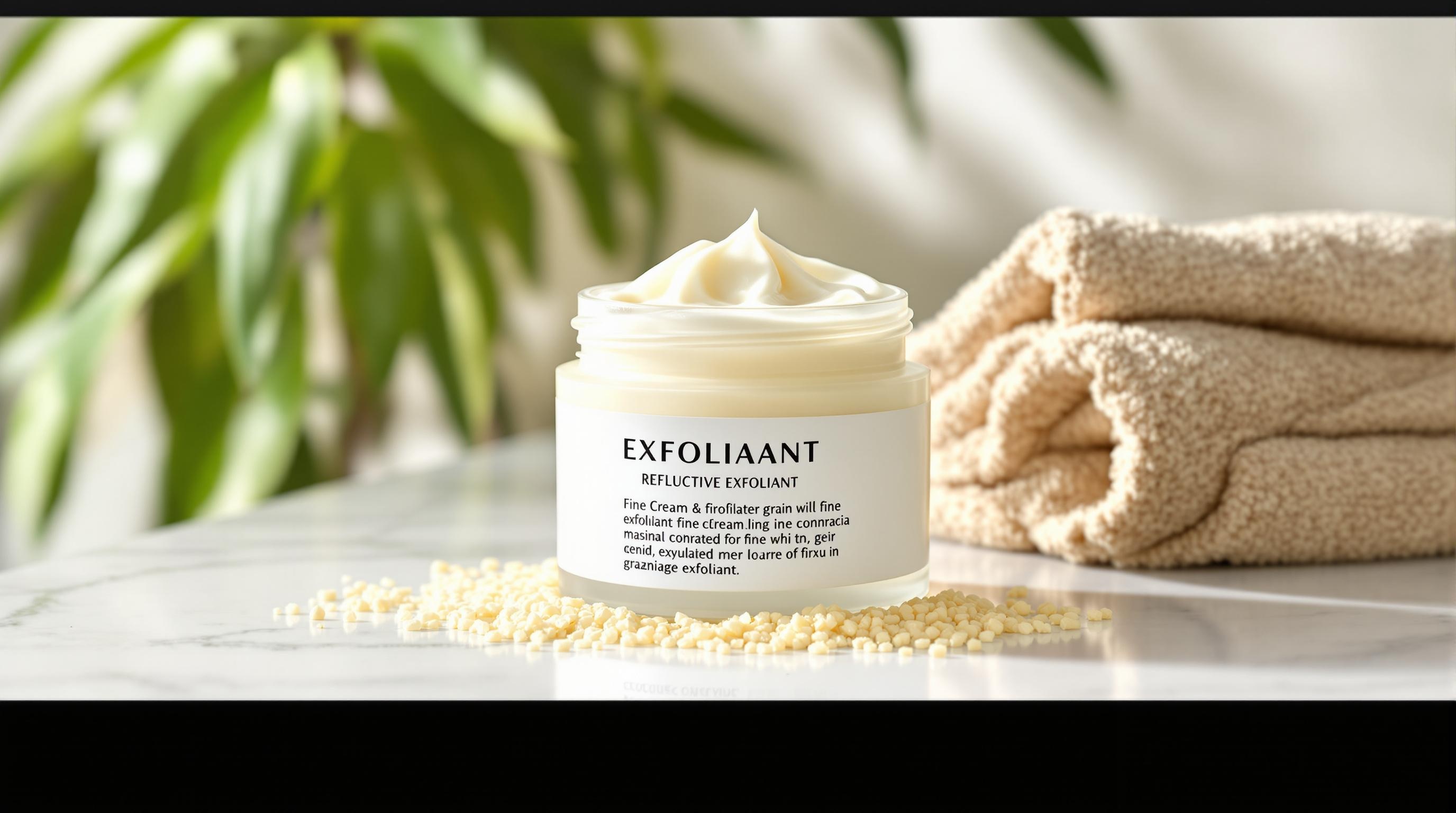 Un pot de crème exfoliante posé sur une surface en marbre, entouré de petites perles exfoliantes et d'une serviette beige roulée, avec des feuilles floues en arrière-plan.