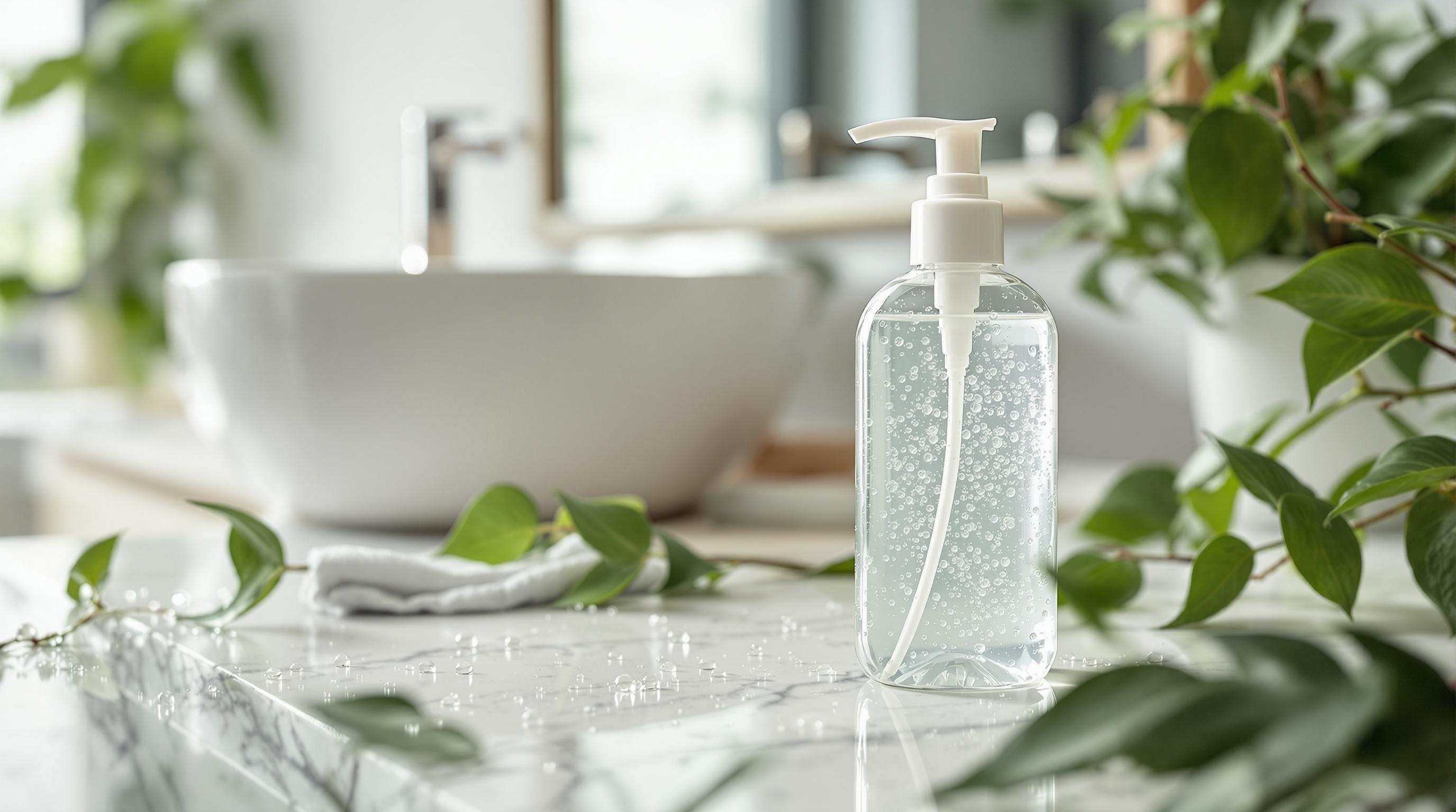 Flacon de gel désinfectant pour les mains sur un lavabo en salle de bain, entouré de plantes vertes.