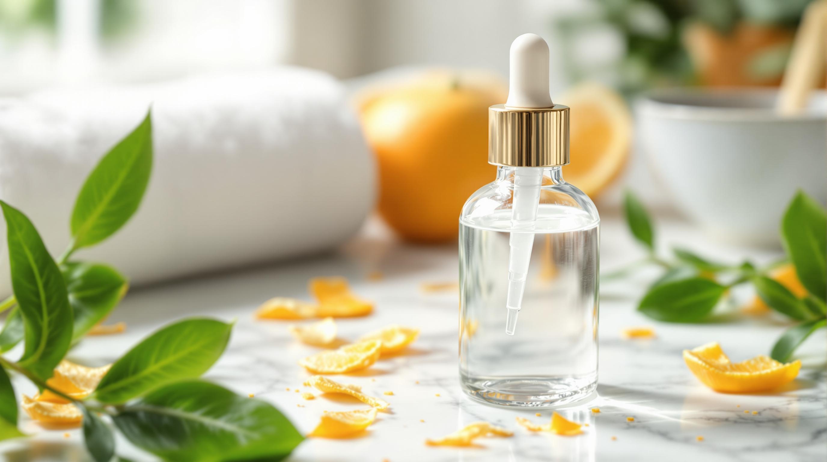 Flacon compte-gouttes transparent avec liquide, entouré de feuilles vertes, écorces d’orange et serviette sur une surface de marbre.