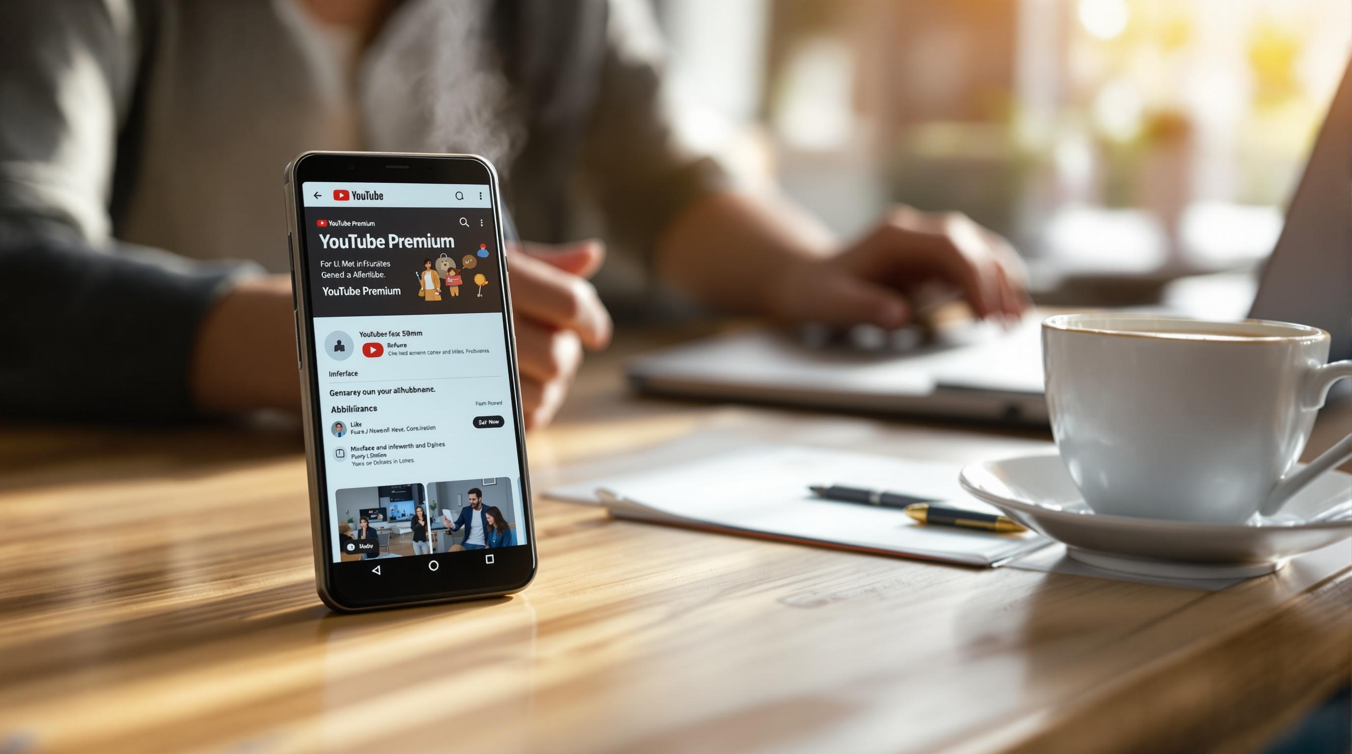 Un smartphone posé sur une table affiche l’application YouTube, avec une publicité pour YouTube Premium à l’écran, à côté d’une tasse de café, d’un stylo et de carnets, tandis qu’une personne utilise un ordinateur portable en arrière-plan flou.
