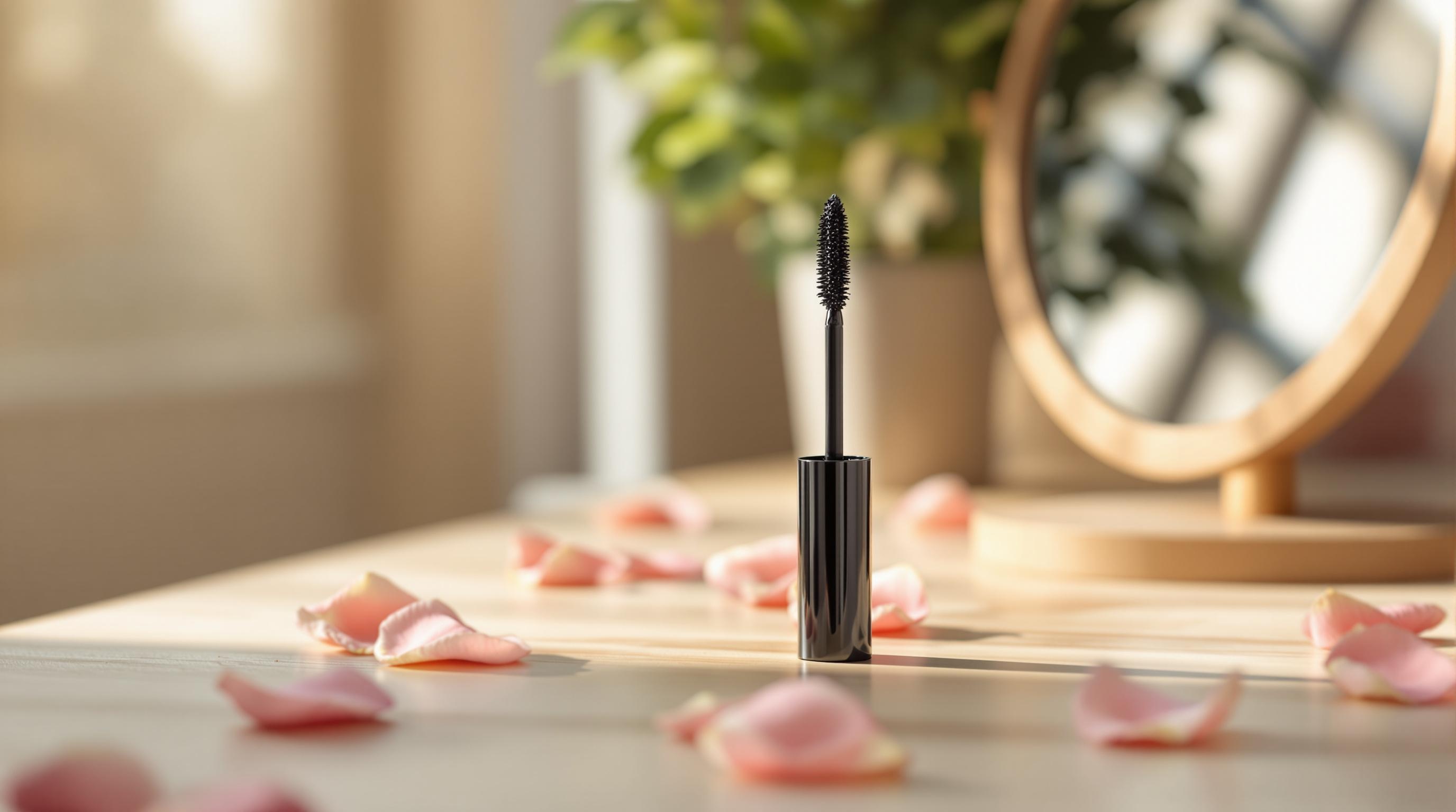 Mascara ouvert posé sur une table en bois entouré de pétales de rose, avec un miroir et des plantes en arrière-plan flou.