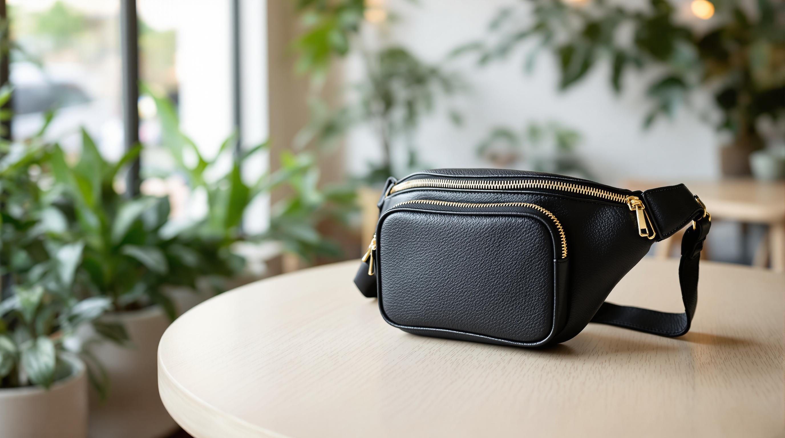 Sac banane noir en cuir avec fermetures à glissière dorées posé sur une table en bois clair, plantes en arrière-plan.