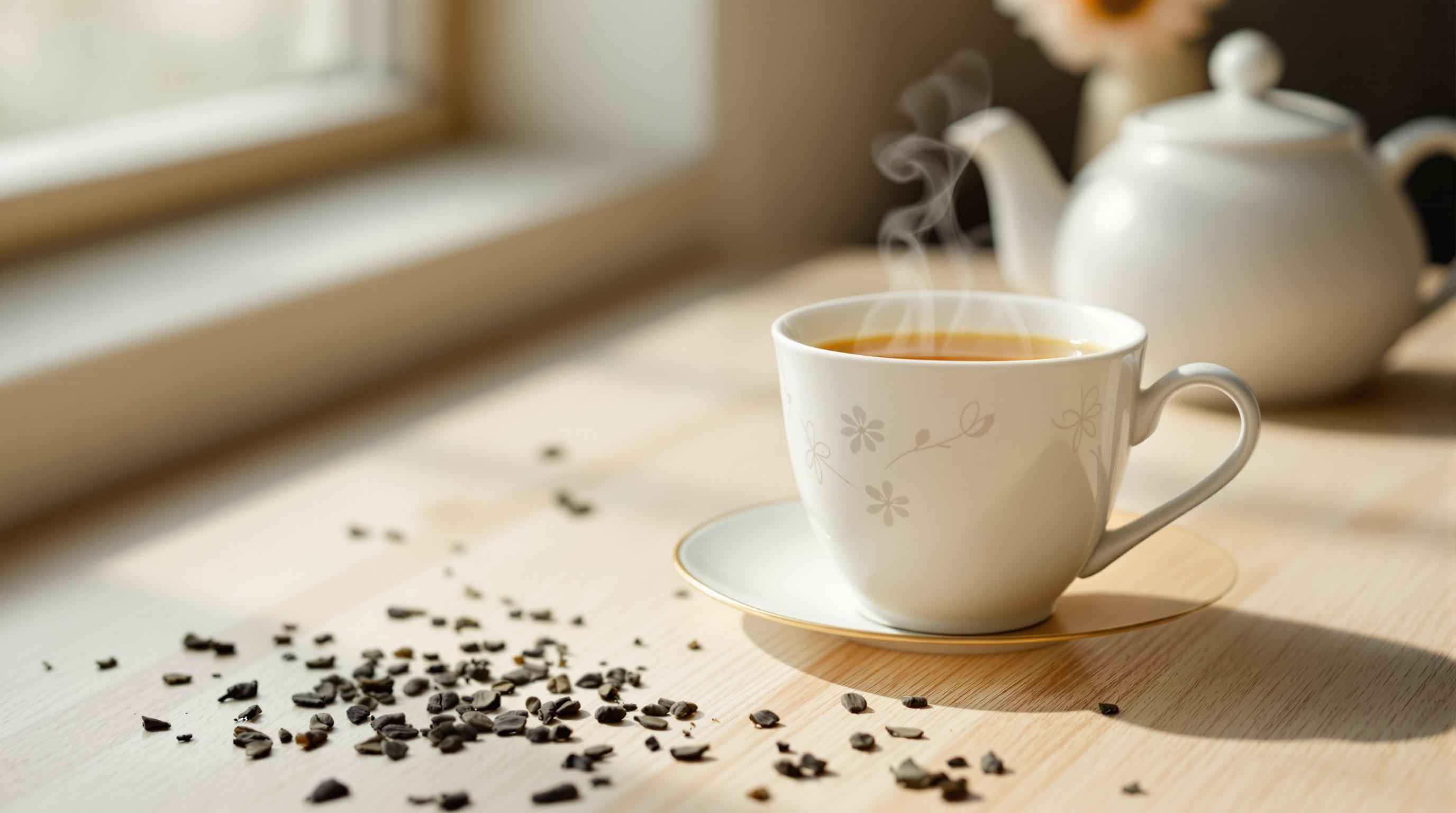 Une tasse de thé fumant posée sur une table en bois, avec des feuilles de thé dispersées autour et une théière blanche en arrière-plan.