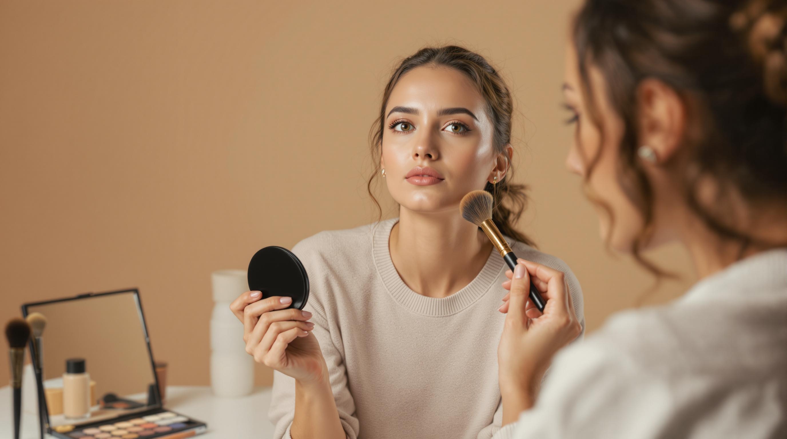 Une femme se fait maquiller le visage avec un pinceau par une autre personne, en tenant un miroir rond, devant une table avec des produits de maquillage.