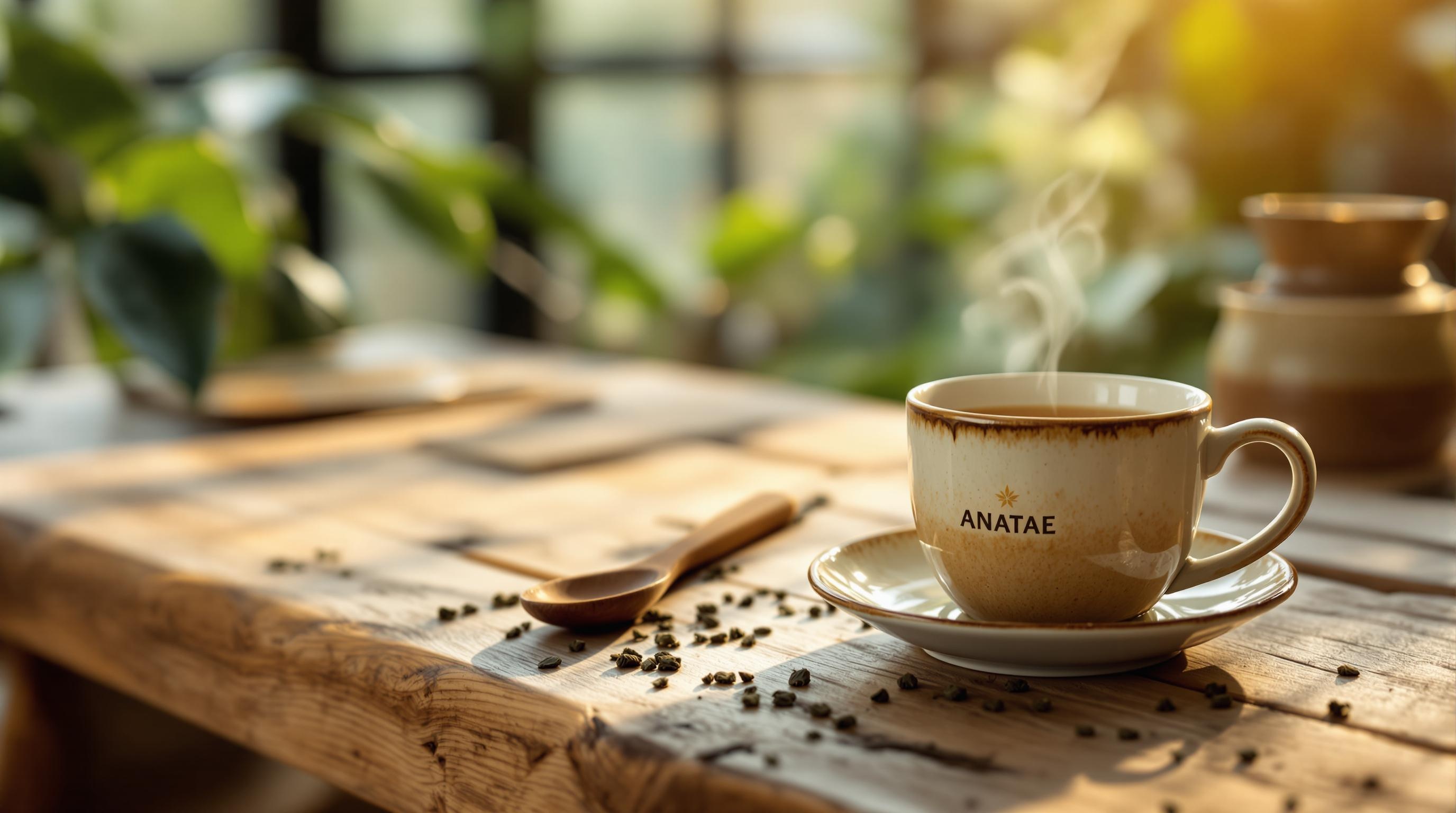 Tasse de thé fumant posée sur une soucoupe sur une table en bois, entourée de feuilles de thé en vrac et d'une cuillère en bois, avec une lumière naturelle et des plantes en arrière-plan.