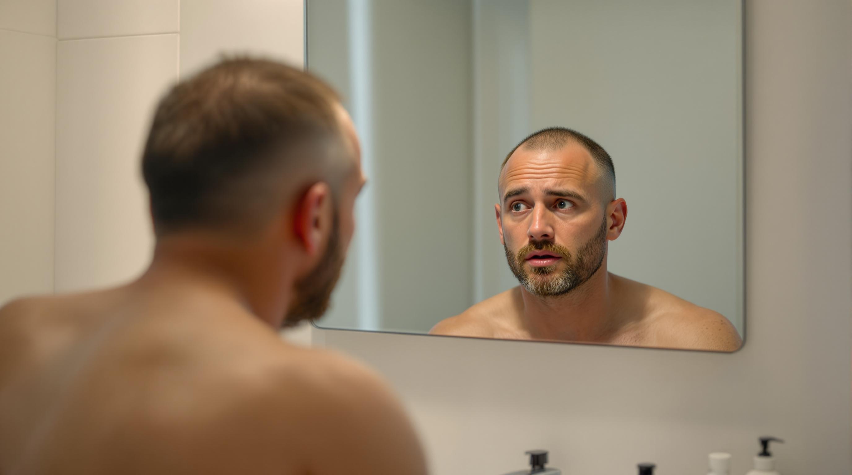 Un homme torse nu se regarde dans un miroir de salle de bain avec une expression préoccupée.