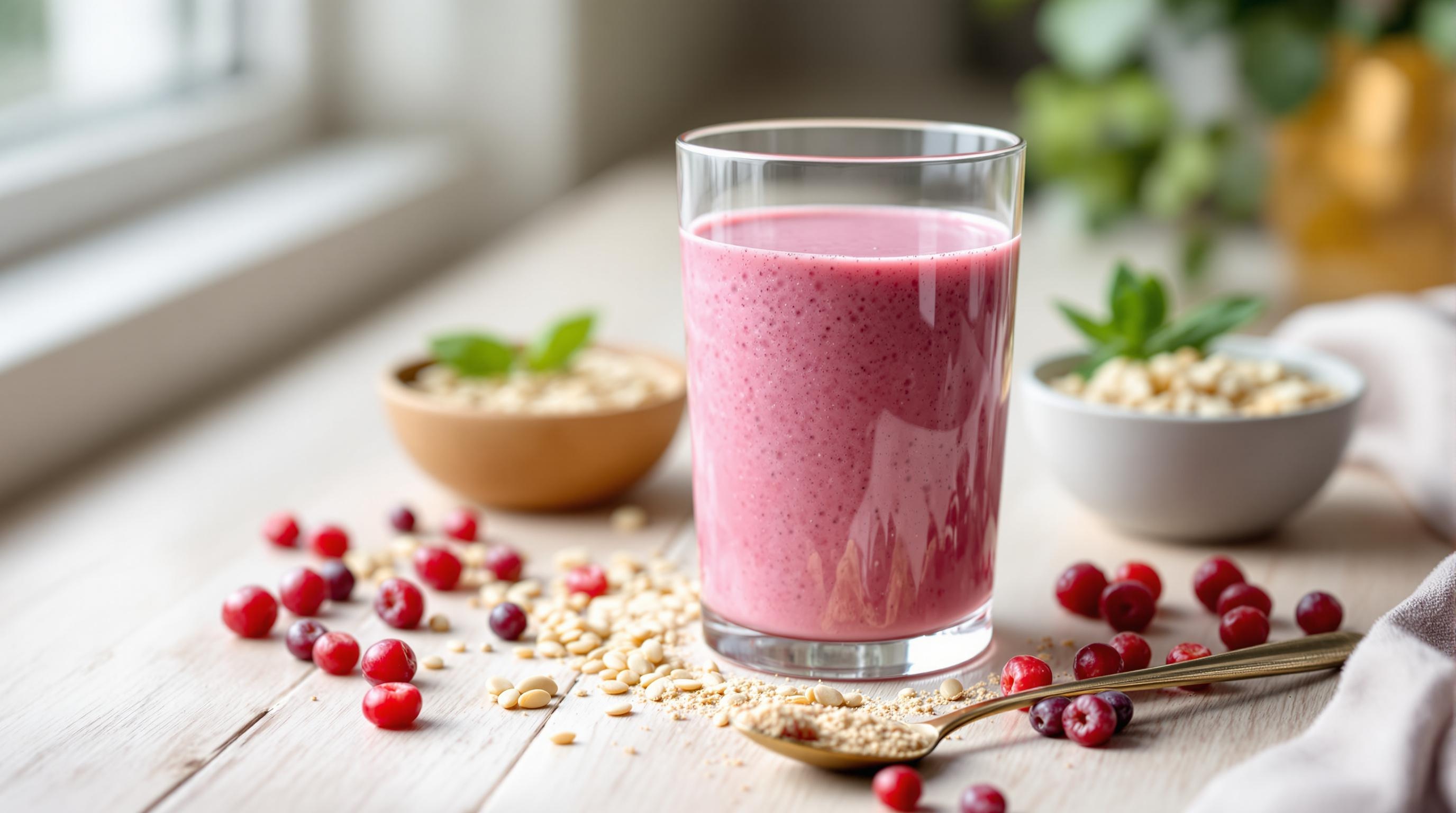 Verre de smoothie rose posé sur une table en bois, entouré de graines, de baies rouges et de bols avec des ingrédients naturels.