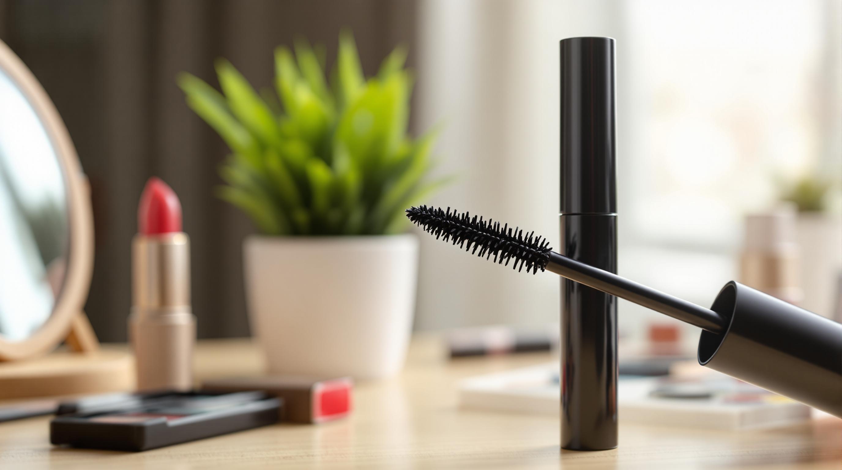 Brosse de mascara noir ouverte sur une table avec des produits de maquillage, un rouge à lèvres et une plante en arrière-plan.