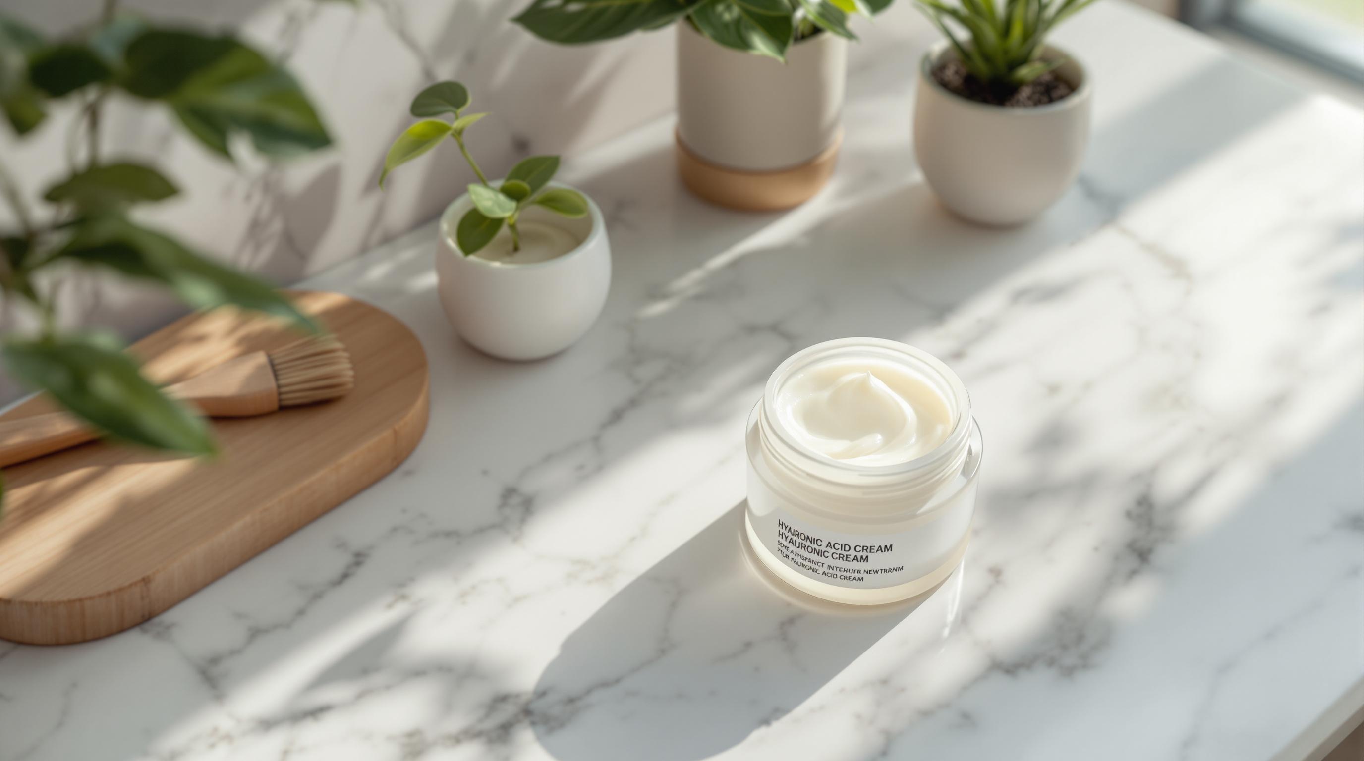 Un pot de crème à l’acide hyaluronique ouvert posé sur une table en marbre, entouré de petites plantes vertes en pots et d’un pinceau à manche en bois.