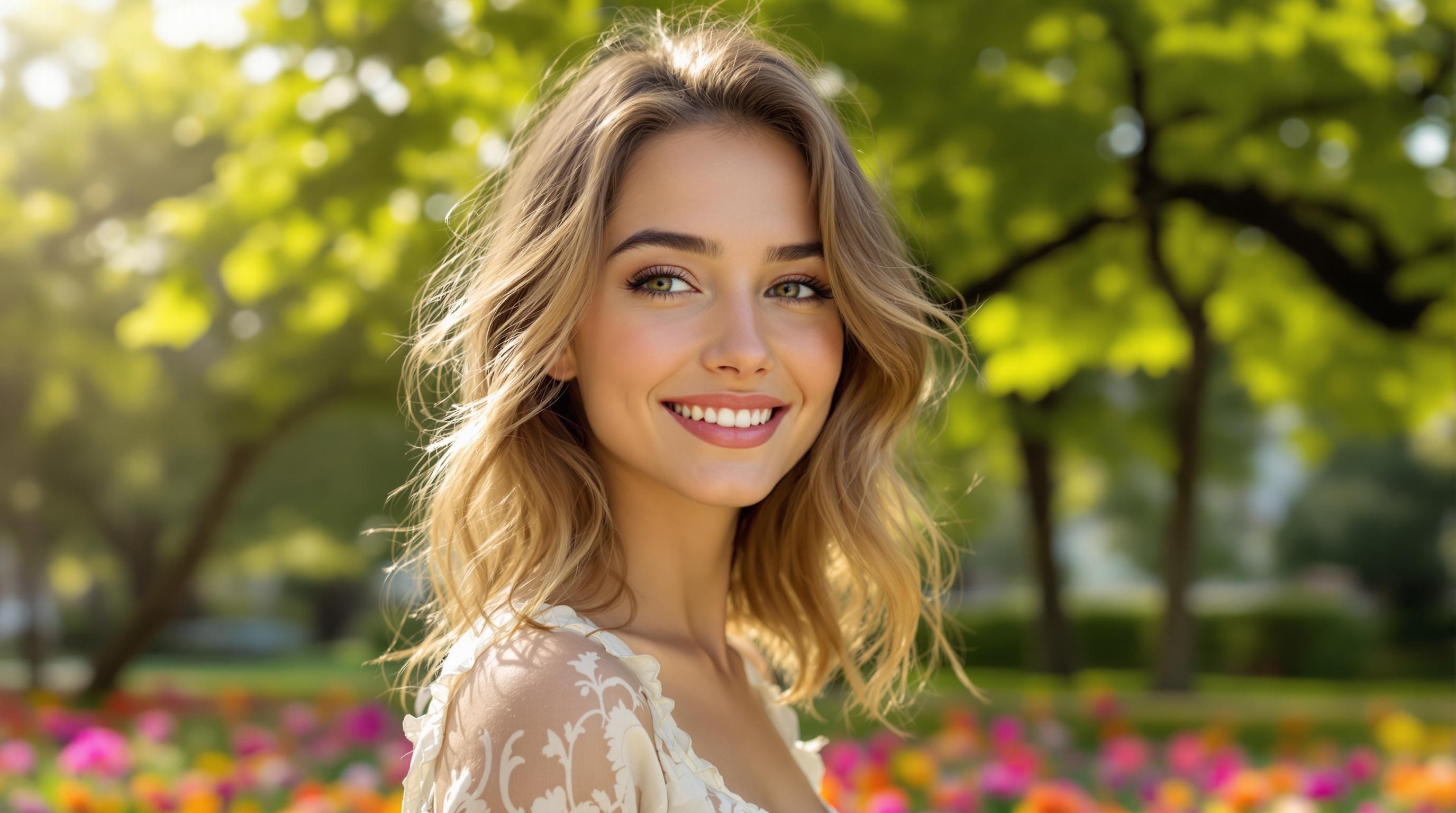 Jeune femme souriante aux cheveux blonds ondulés, portant une robe blanche, posant dans un jardin fleuri avec des arbres verts en arrière-plan.
