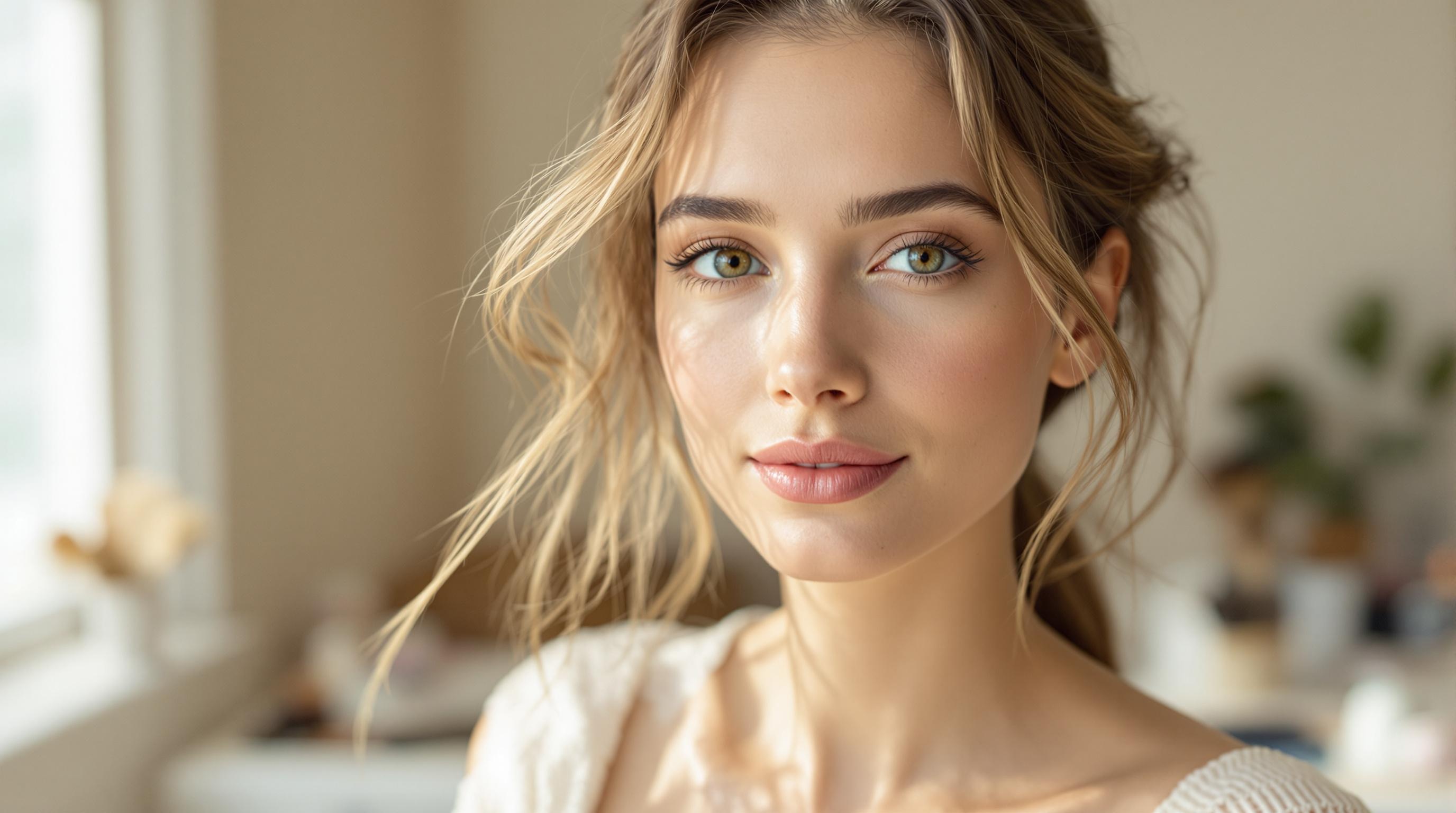 Jeune femme aux cheveux blonds ondulés et aux yeux verts, portant un maquillage naturel, souriant légèrement dans une pièce lumineuse avec un arrière-plan flou.