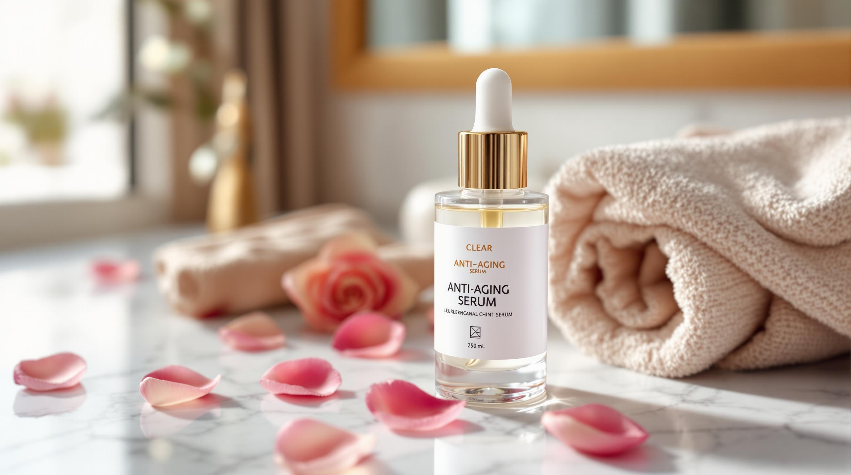 Frasco de suero antiedad con pipeta sobre una mesa de mármol, rodeado de pétalos de rosa y servilletas beige enrolladas.