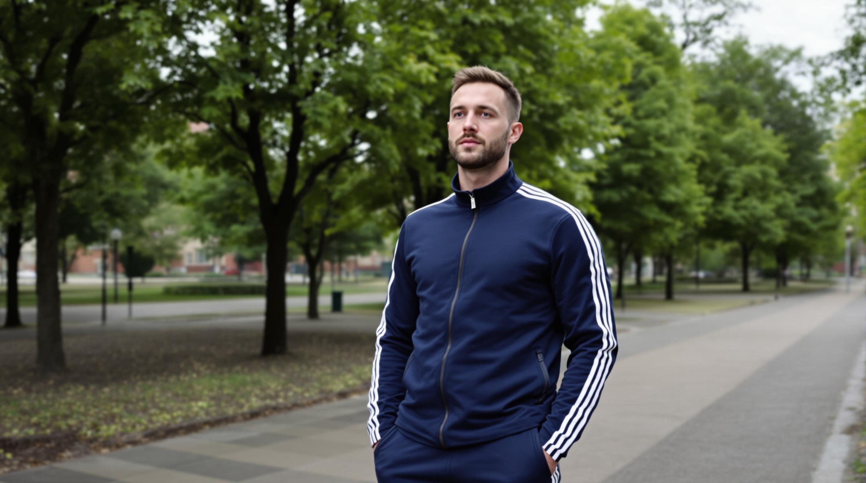 Homme portant un survêtement bleu avec des bandes blanches, marchant dans un parc bordé d'arbres.