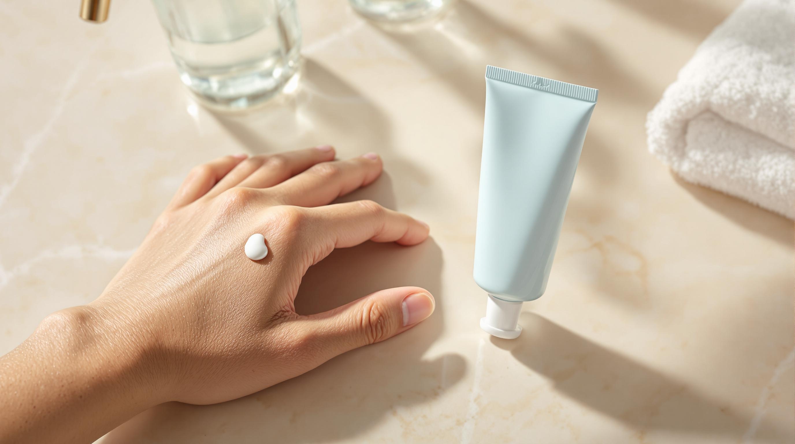 Main posée sur une surface en marbre avec une noisette de crème sur le dos de la main, un tube de crème bleu clair à côté.