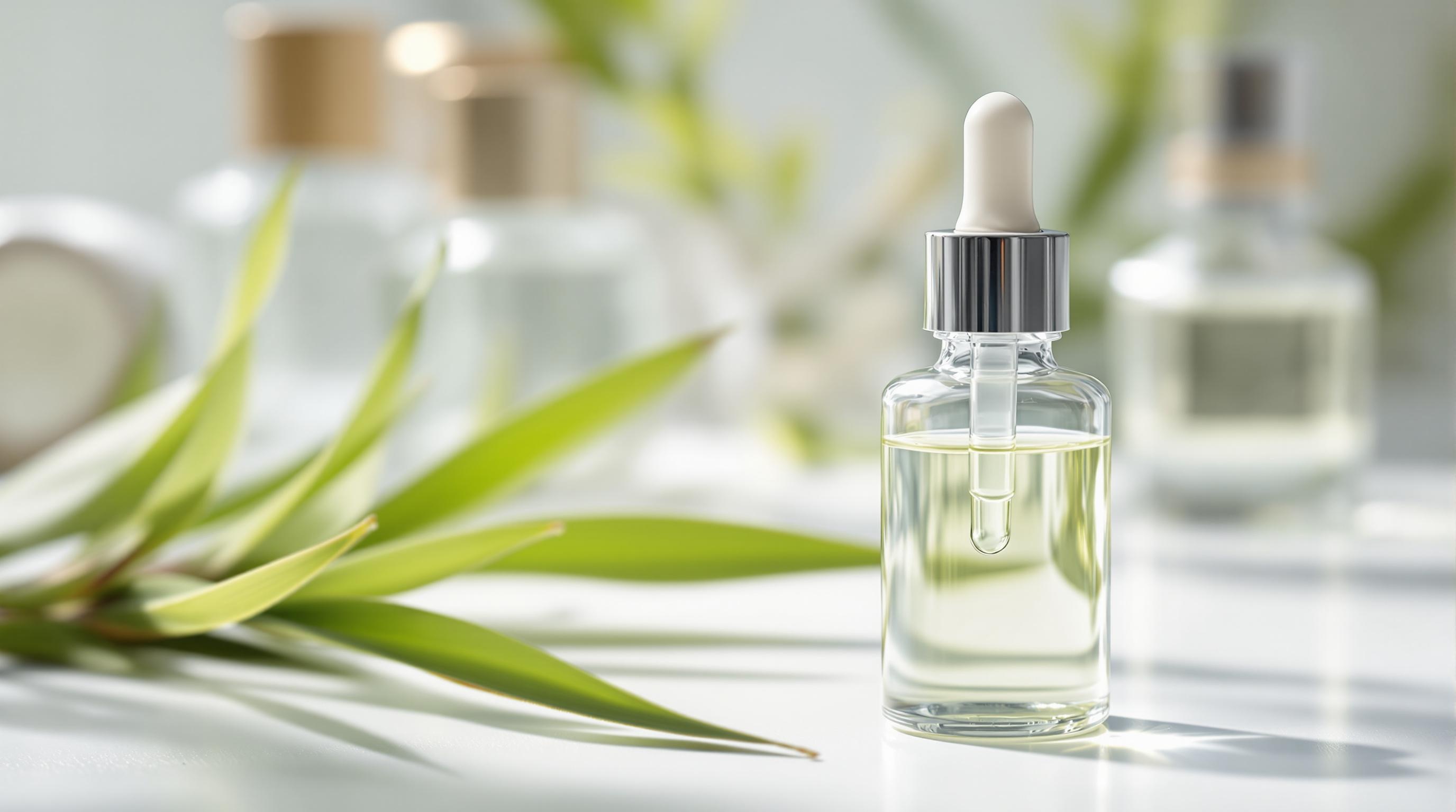 Flacon de sérum avec pipette, posé sur une table blanche entourée de feuilles vertes et d'autres flacons flous en arrière-plan.