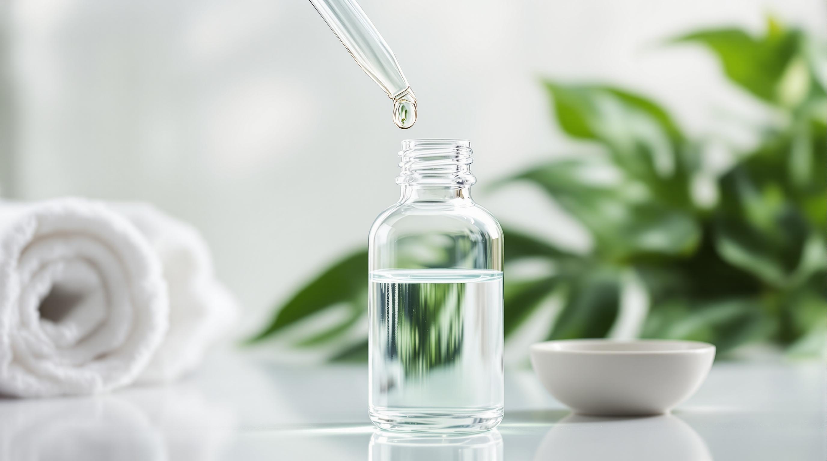 Flacon en verre transparent avec une pipette déposant une goutte de liquide, serviette roulée et feuille verte en arrière-plan.