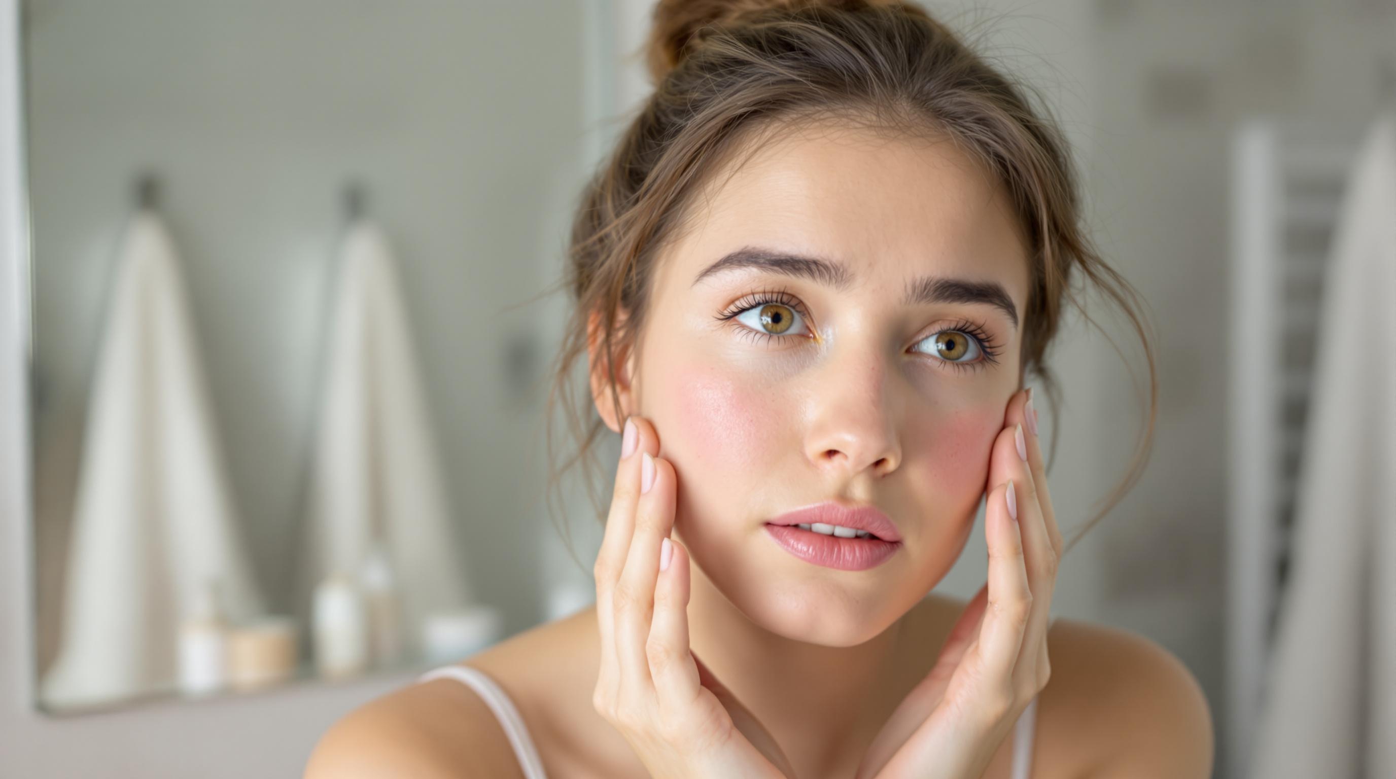 Jeune femme se regardant dans le miroir et touchant son visage avec les mains.