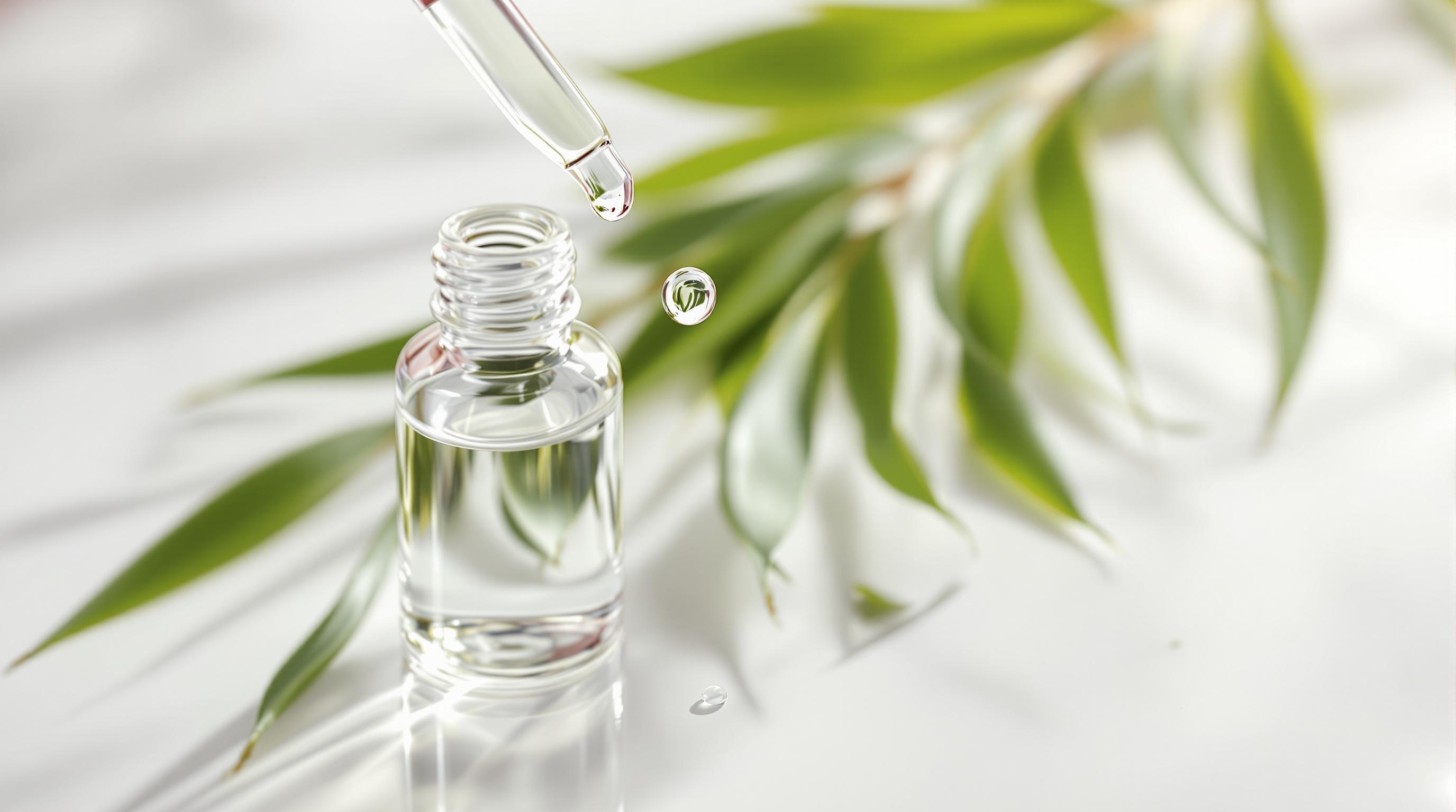 Flacon d'huile essentielle transparent avec une pipette et feuille verte en arrière-plan.