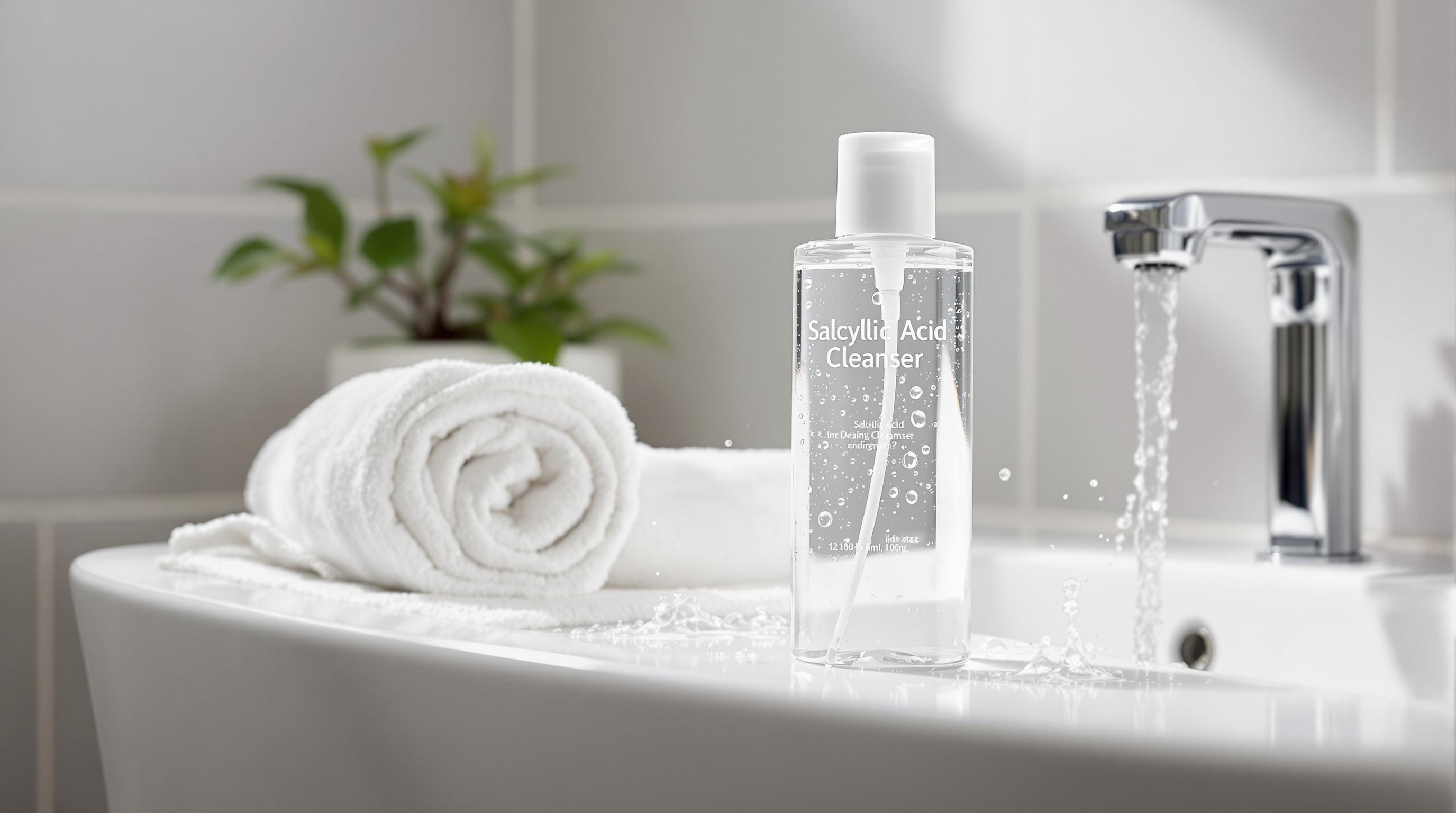 Bouteille de nettoyant à l’acide salicylique posée sur un lavabo blanc à côté d’une serviette roulée, avec de l’eau coulant d’un robinet et une plante en arrière-plan.