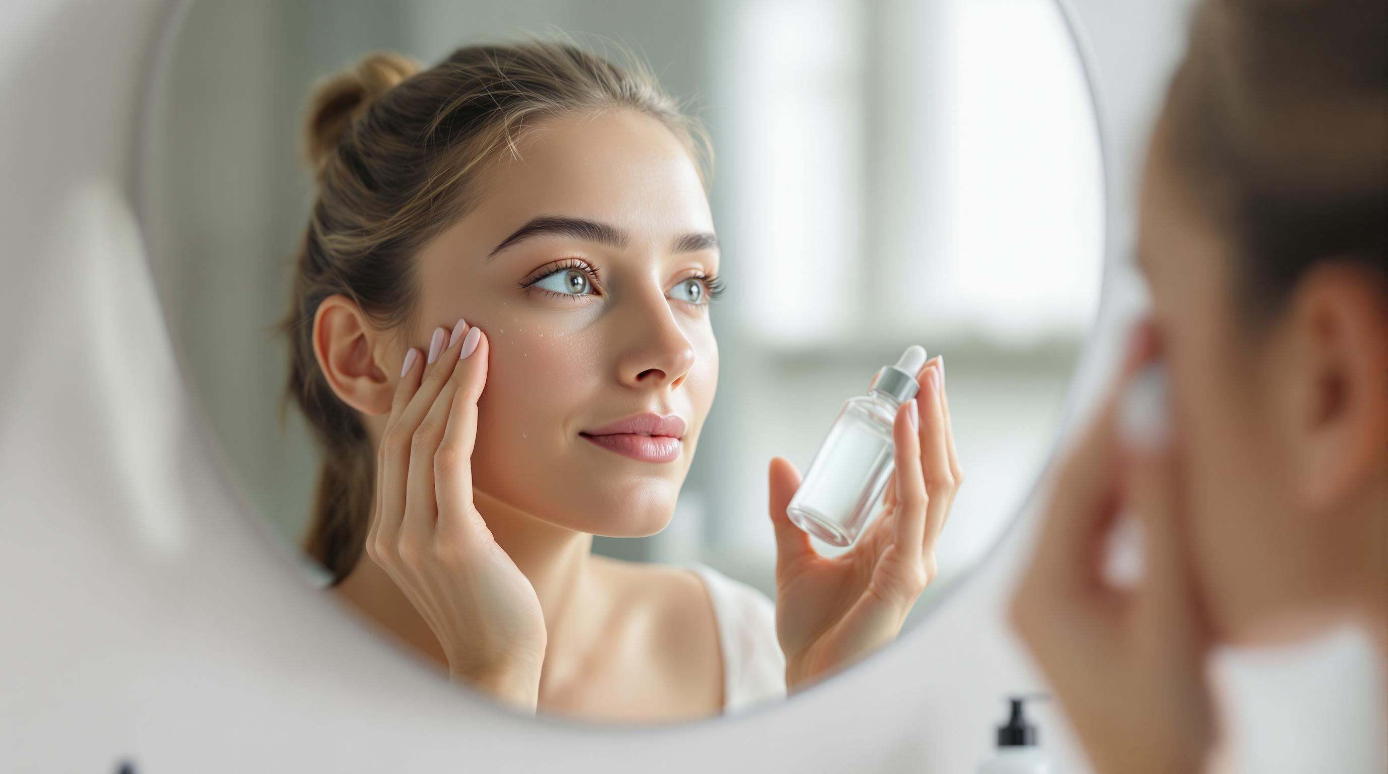 Femme appliquant un sérum visage devant un miroir.