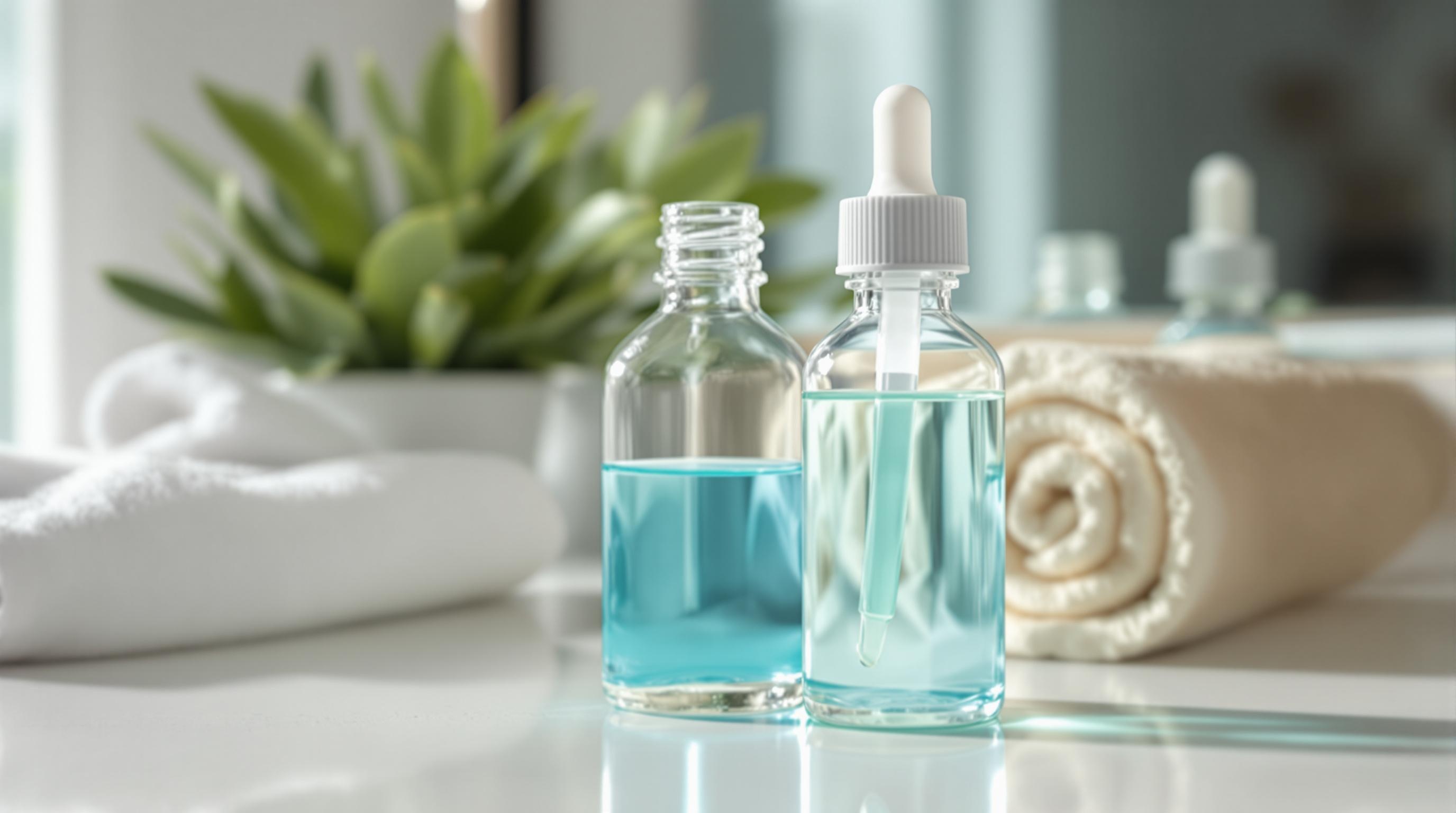 Deux flacons transparents de sérum à pipette remplis d’un liquide bleu posés sur un plan de salle de bain, avec une serviette roulée et une plante verte en arrière-plan.