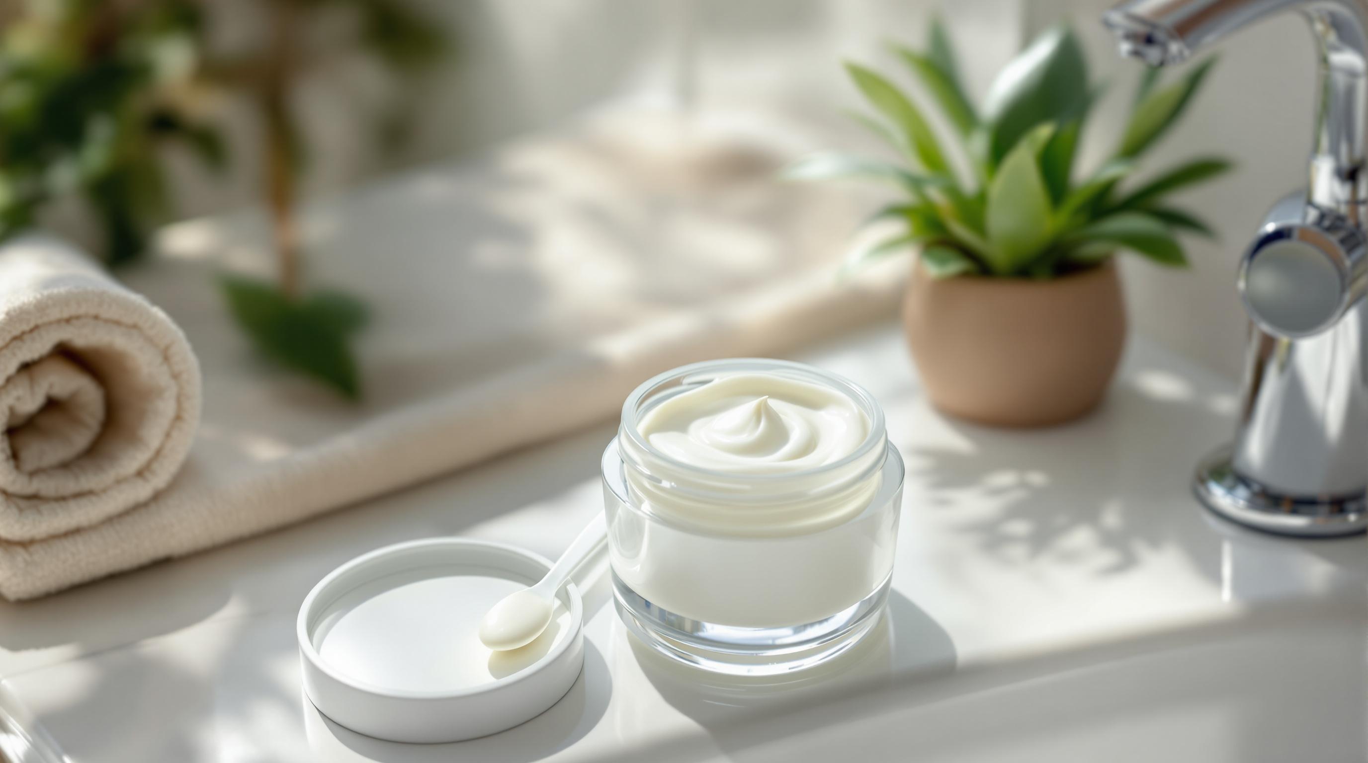 Pot de crème hydratante sur un lavabo, accompagné d'une petite cuillère, d'une serviette beige roulée et d'une plante verte en pot.