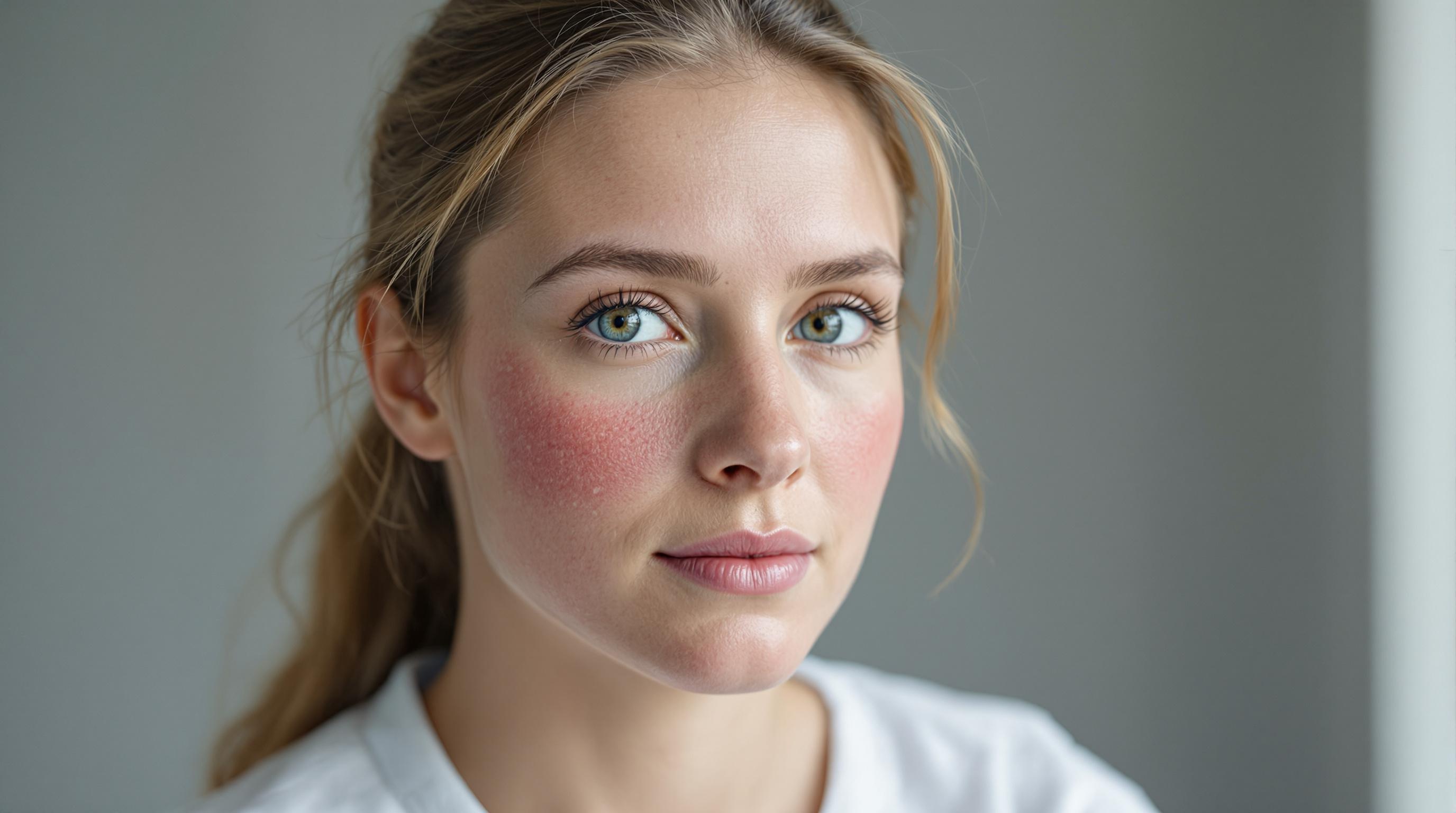 Femme avec des joues rouges et irritées, regardant l'objectif, sur fond gris.
