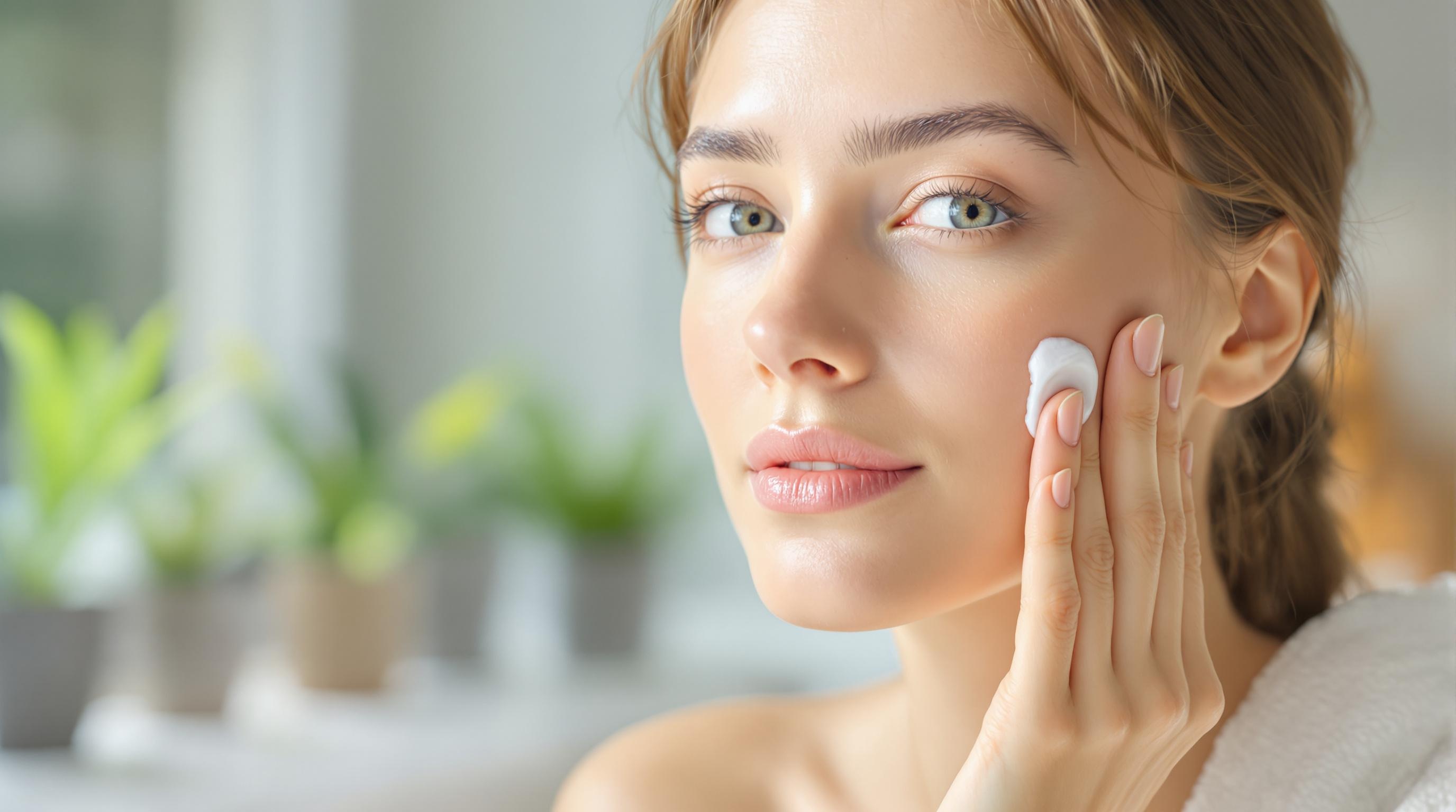 Femme appliquant une crème hydratante sur son visage dans une salle de bain lumineuse.