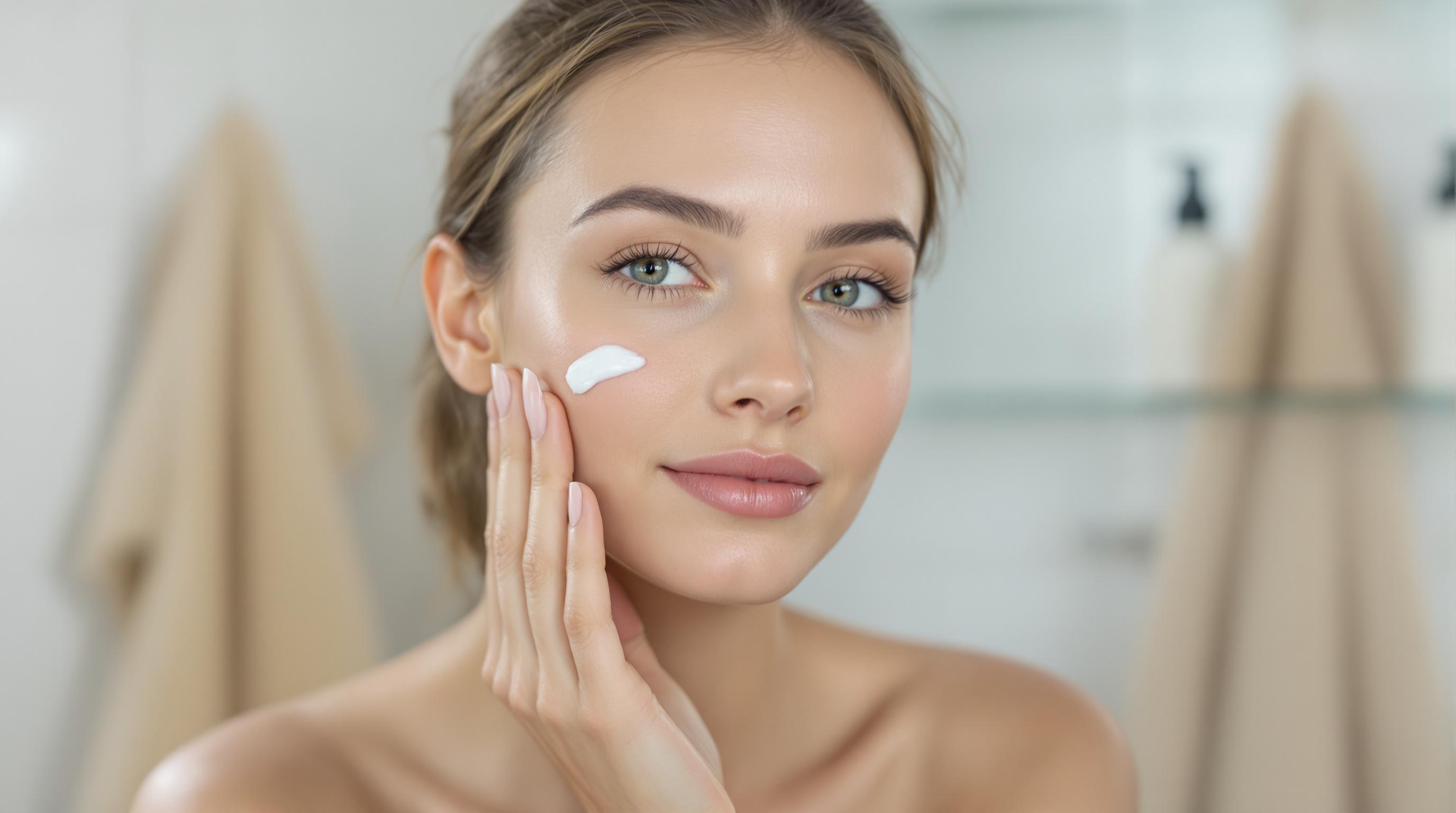 Femme appliquant de la crème hydratante sur son visage dans une salle de bain.