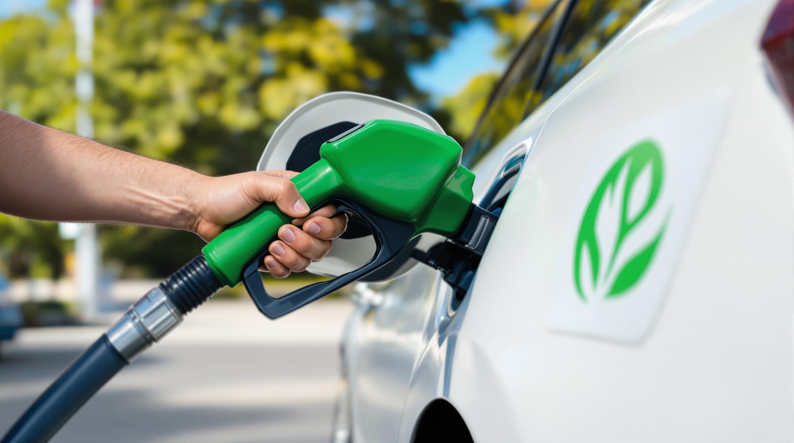 Main tenant un pistolet de pompe verte pour faire le plein d'une voiture blanche affichant le symbole d'une feuille verte, représentant un carburant écologique.