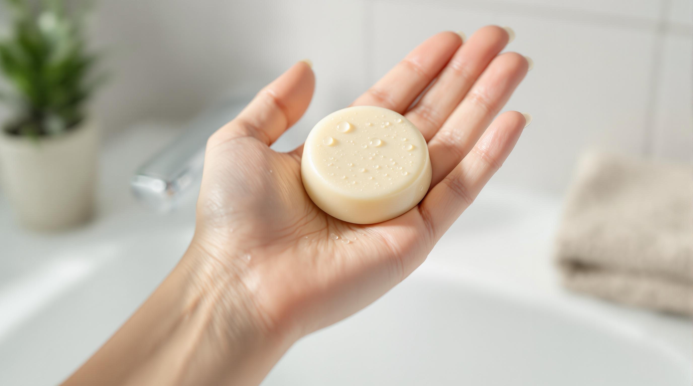 Main tenant un shampoing solide beige avec des gouttes d’eau dessus.