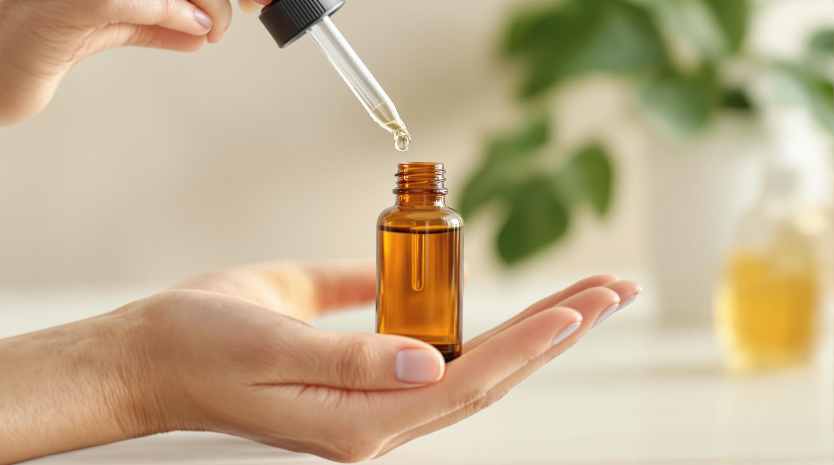 Une main tenant un flacon ambré avec une pipette déposant une goutte de liquide.
