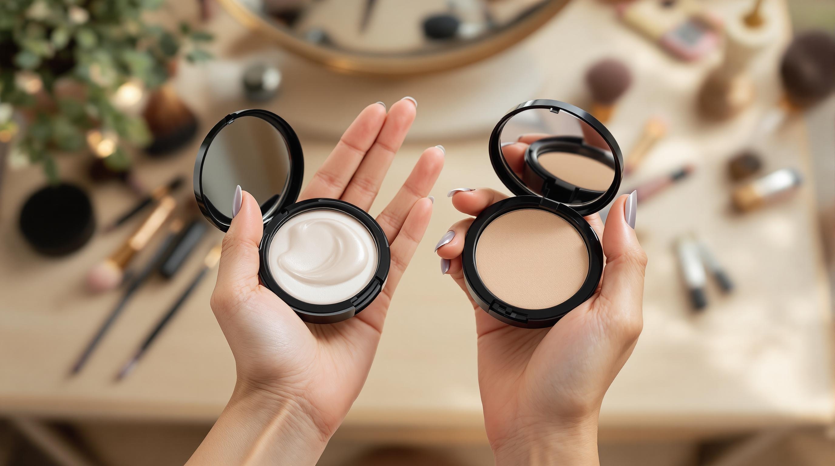 Deux mains tiennent des boîtiers de maquillage ouverts : l’un contenant une crème, l’autre une poudre compacte, avec des accessoires de maquillage en arrière-plan flou.