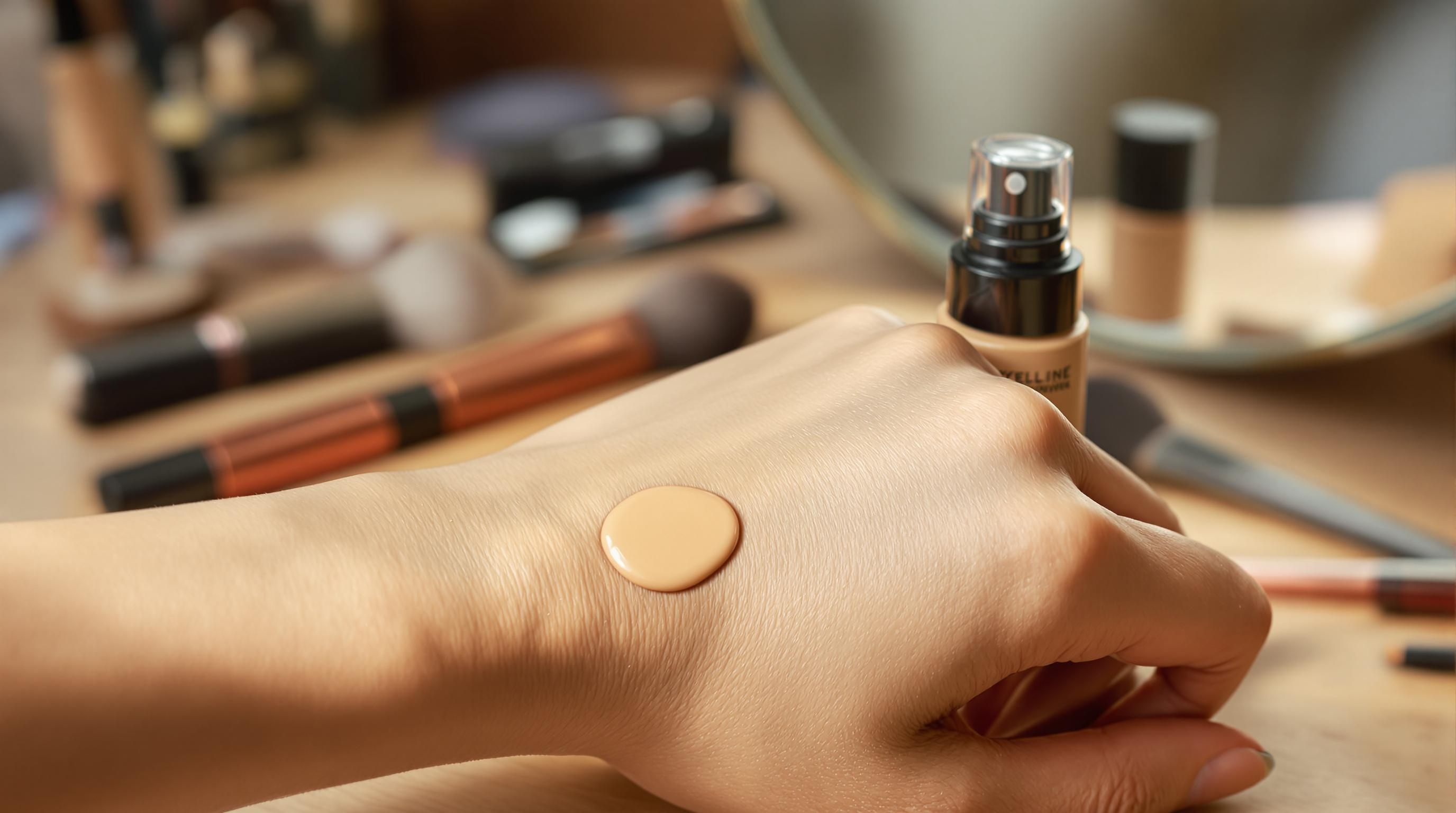 Fond de teint beige appliqué sur le dos d'une main, avec des produits de maquillage et des pinceaux en arrière-plan.