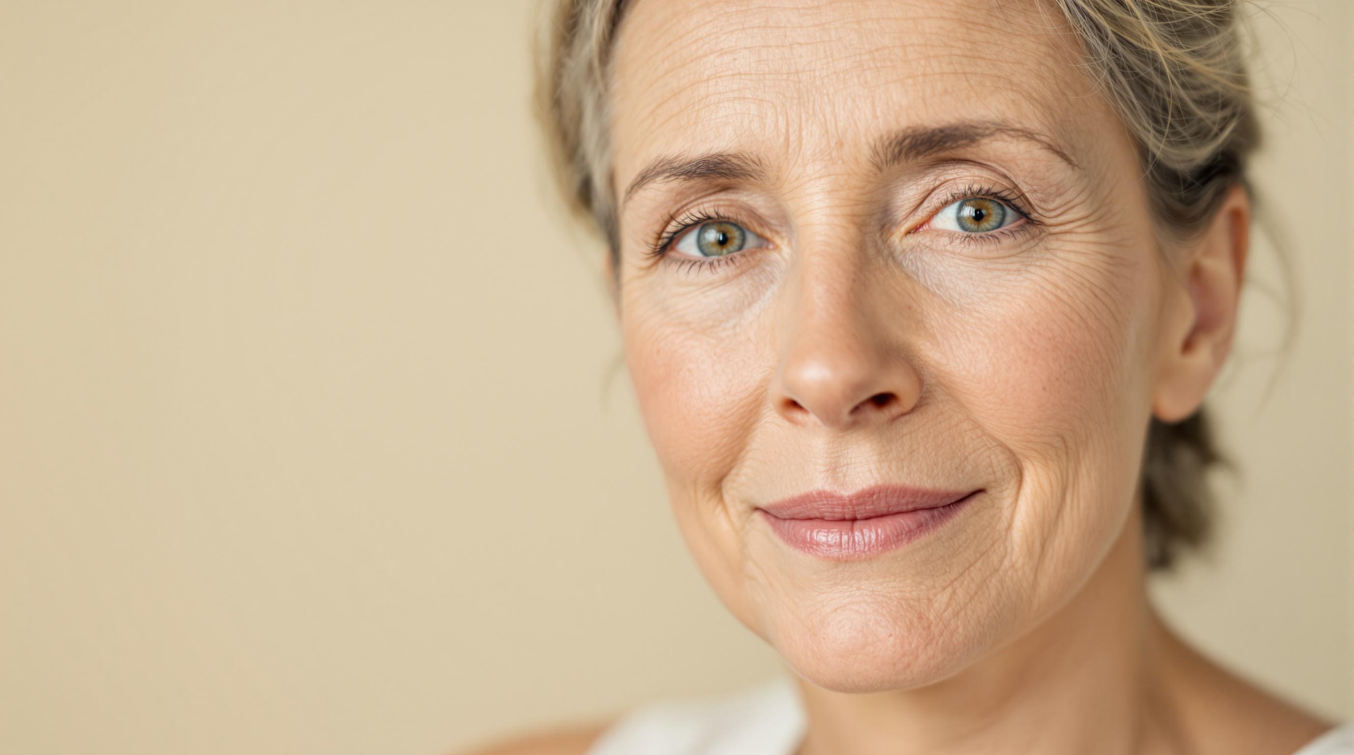 Portrait rapproché d'une femme d'âge mûr aux yeux clairs, avec des rides d'expression et un léger sourire, sur un fond uni beige.