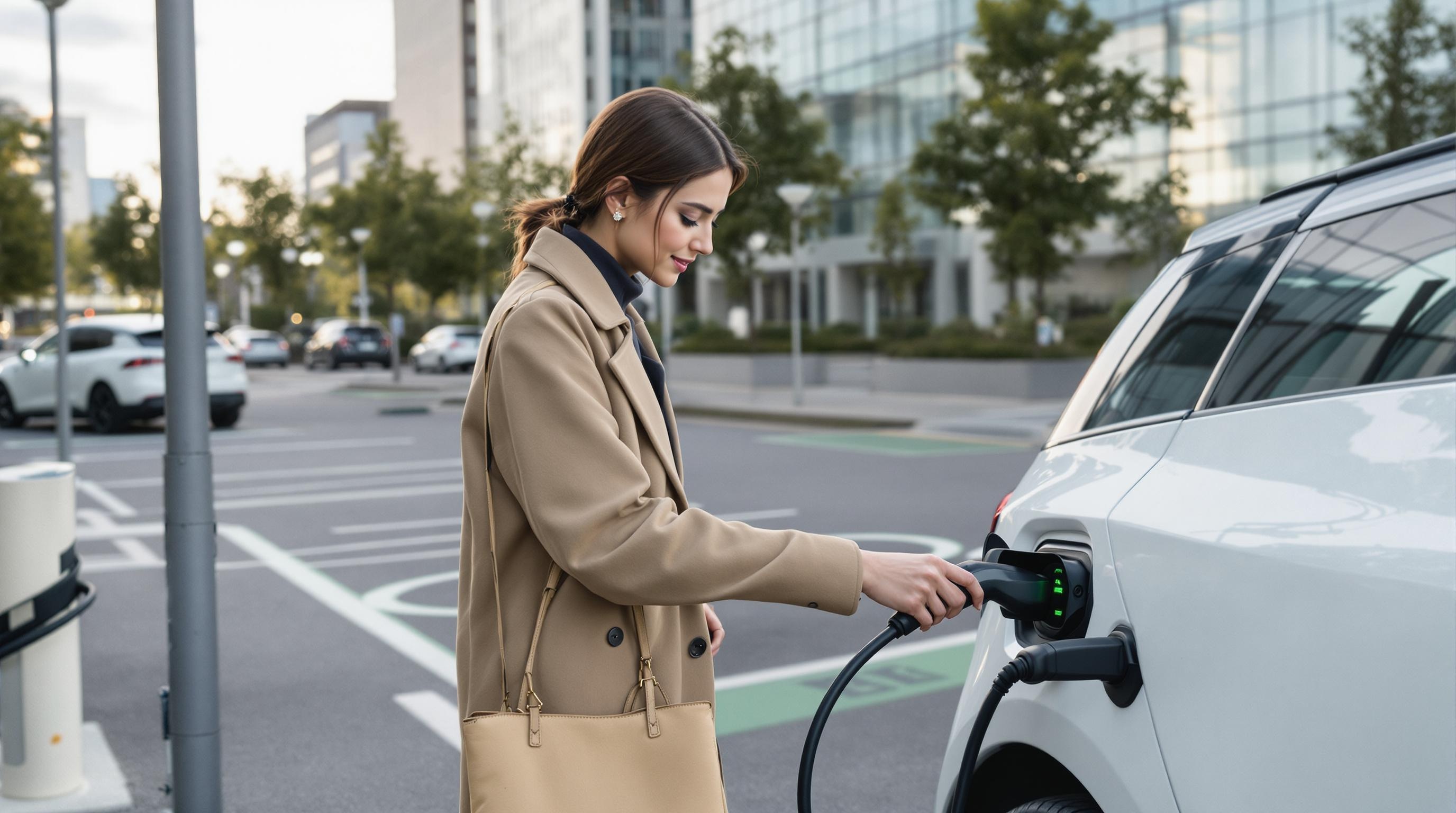 Femme branchant une voiture électrique à une borne de recharge dans un parking urbain.