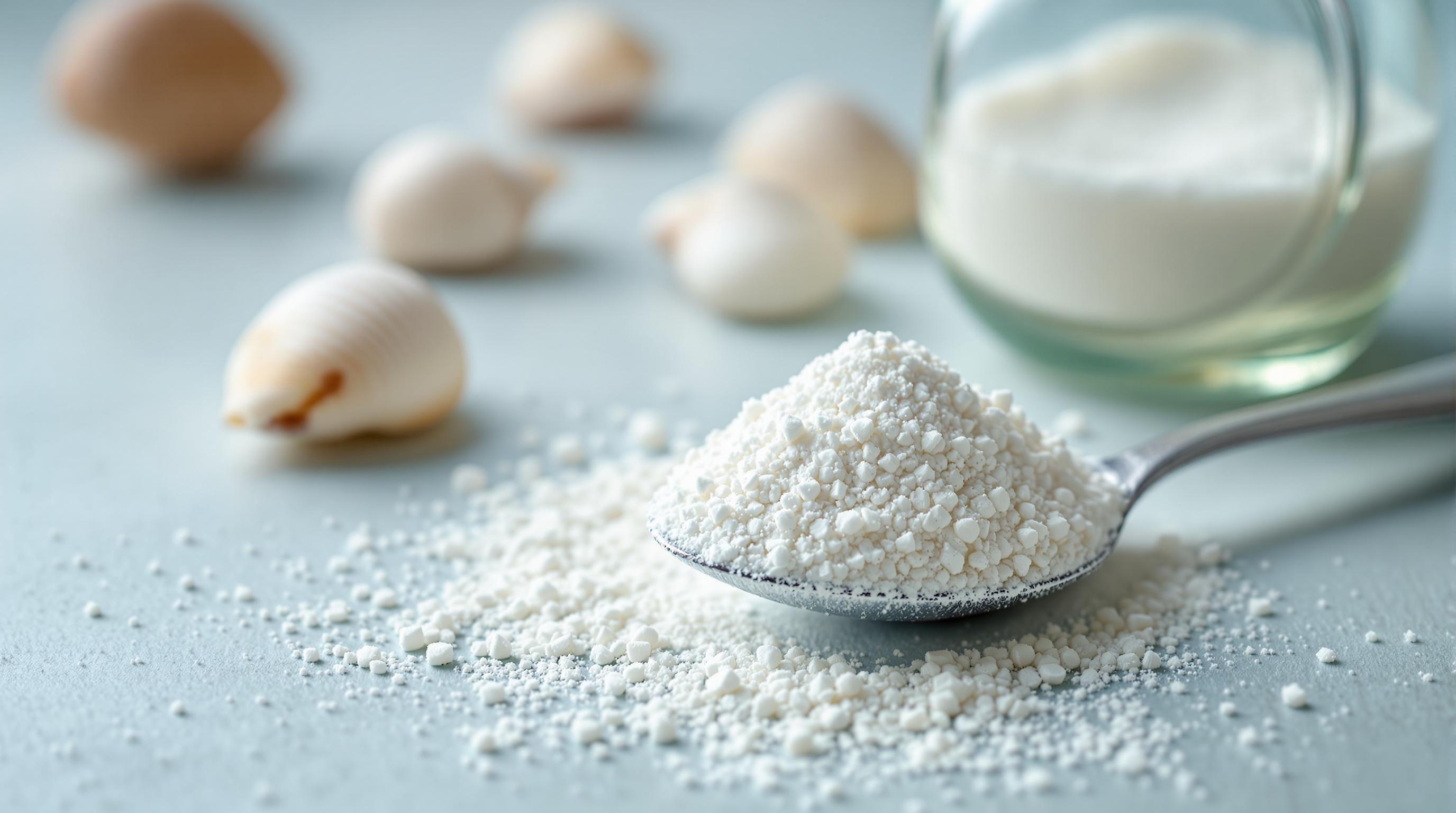 Cuillère de poudre de carbonate de calcium avec des coquillages en arrière-plan.