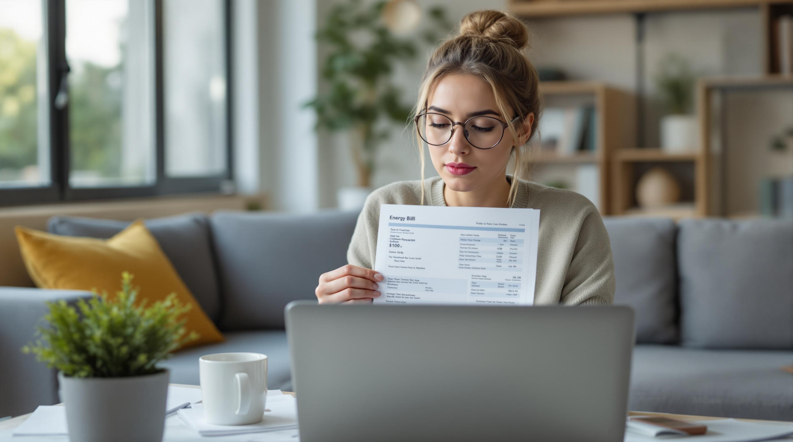 Femme portant des lunettes travaillant à la maison devant un ordinateur portable, tenant une facture d'énergie.