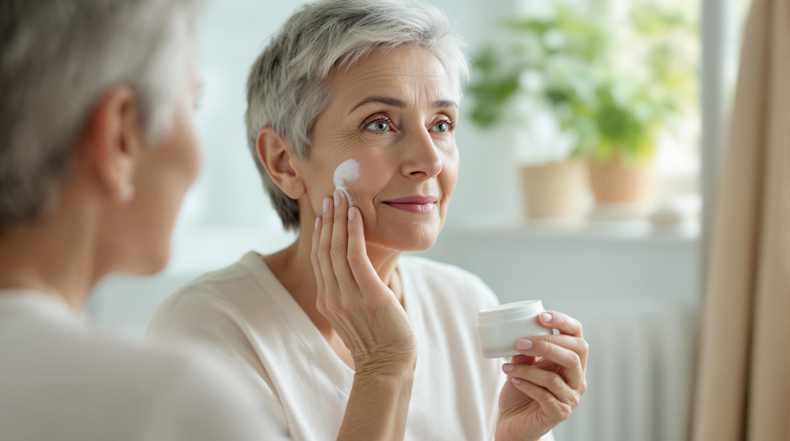Femme âgée appliquant une crème hydratante sur son visage devant un miroir.