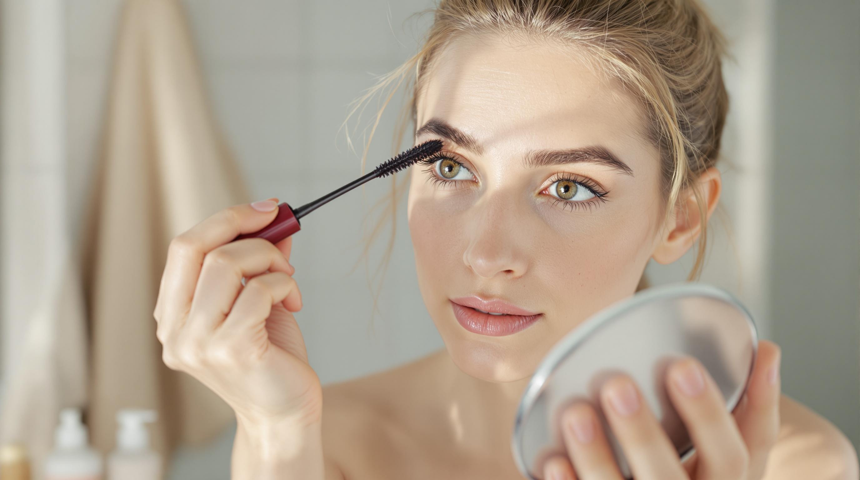 Femme appliquant du mascara devant un miroir.