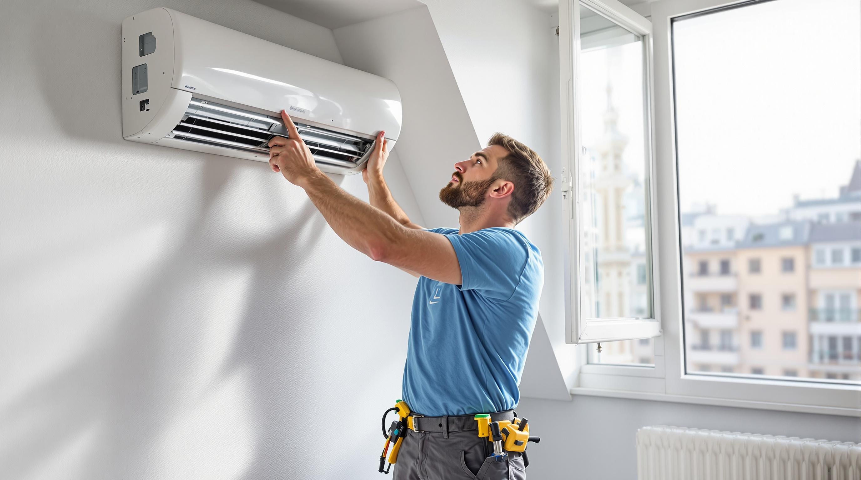Technicien installant ou réparant un climatiseur mural dans un appartement moderne.